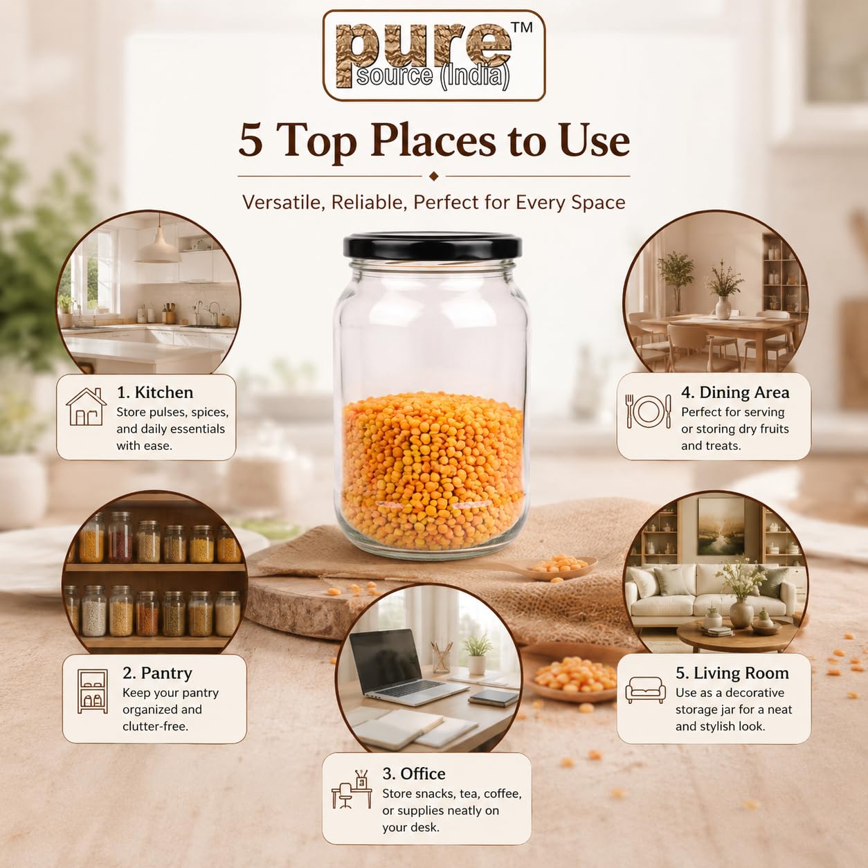Pure Source India Glass Jars - Airtight Storage -6 Pure Source India Glass Jars - Airtight Storage -6