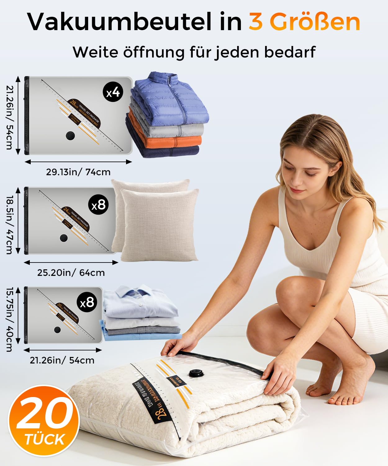 BOYUNSHI Vakuumbeutel für Kleidung Reise mit Kabelloser Vakuumpumpe, 20 Stück (8x 40x54cm, 8x 47x64cm, 4x 54x74cm), Platzsparende Vakuumierbeutel für Reisen, Koffer und Aufbewahrung