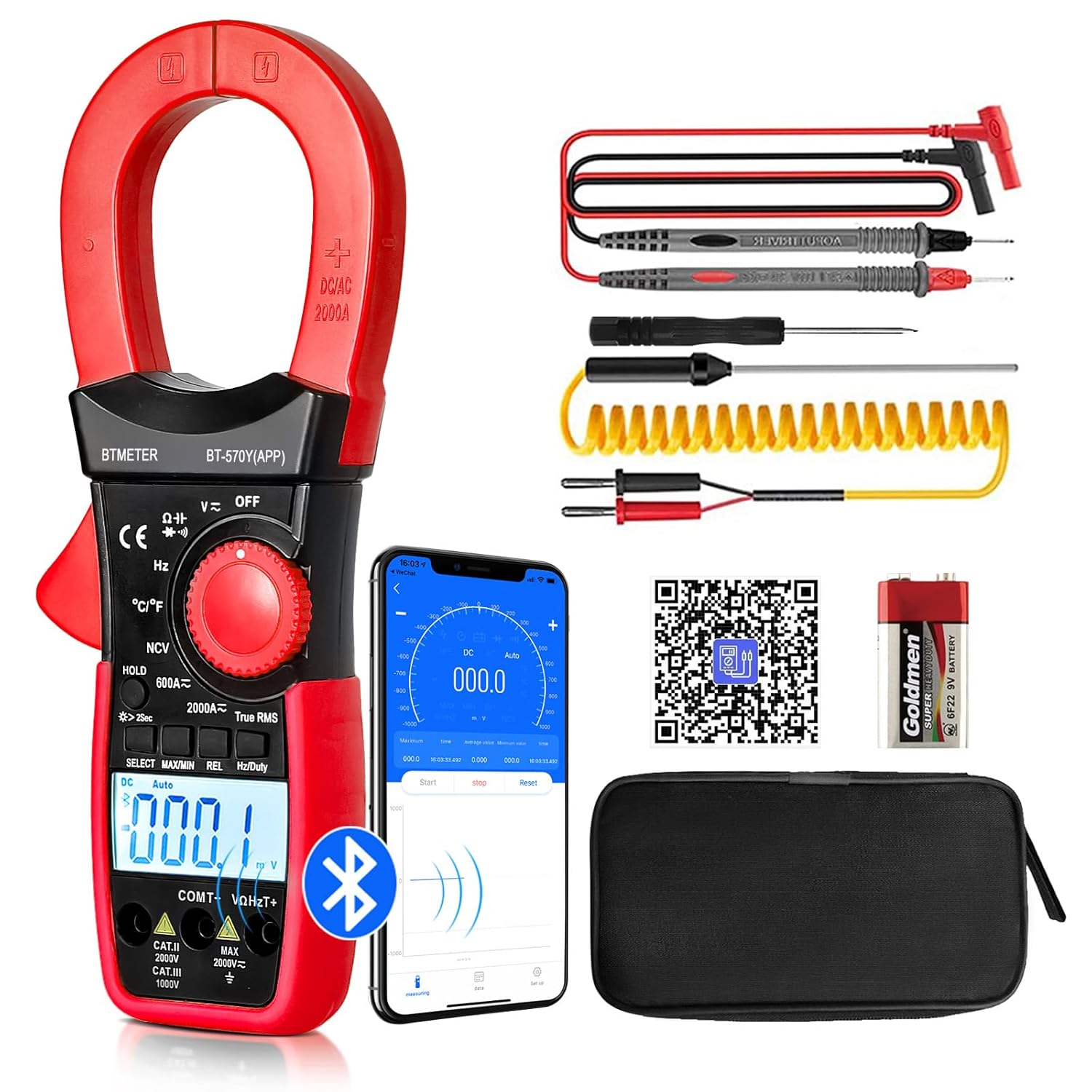 BTMETER Digital Clamp Meter Multimeter, 6000 Counts Bluetooth Multimeter, 2000A AC/DC Amp Tester, Measures Voltage, Ohms, Capacitance, Frequency, Temperature, NCV with Data Logging 570Y-APP
