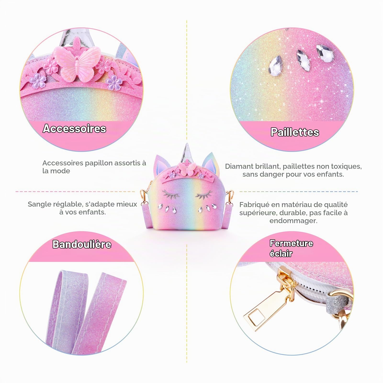 JYPS Sac à Main Licorne pour Petites Filles, 7PCS Sac à Bandoulière Mignon pour Enfants avec Dress up Jewelry Set Faire Semblant Accessoires de Jeu, Cadeau d'anniversaire Licorne Cadeau Fille Jouet