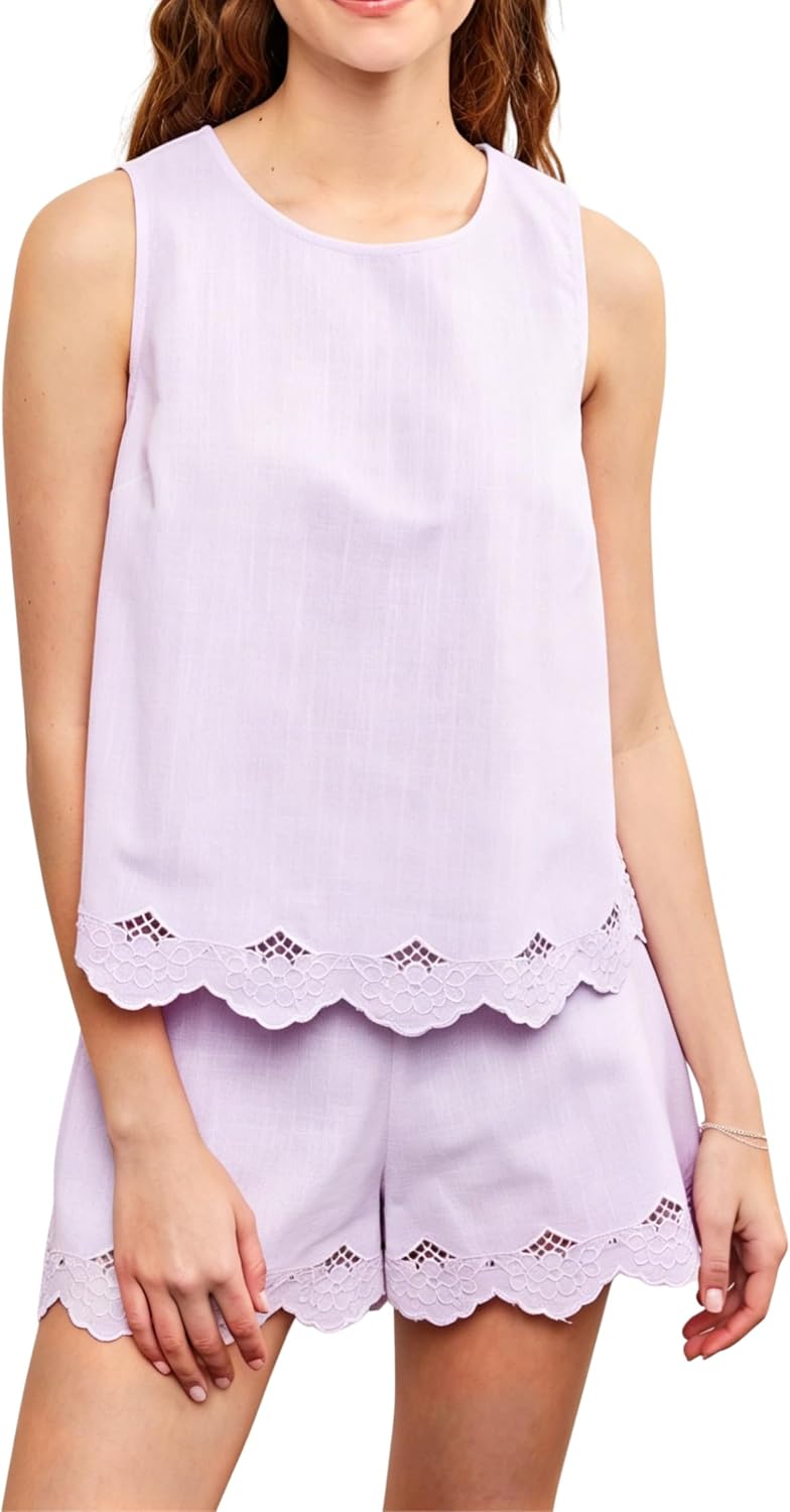 Women Trendy 2 Piece Outfits Shorts Sets Round Neck Sleeveless Scallop Embroidered Edge Top and Bottom