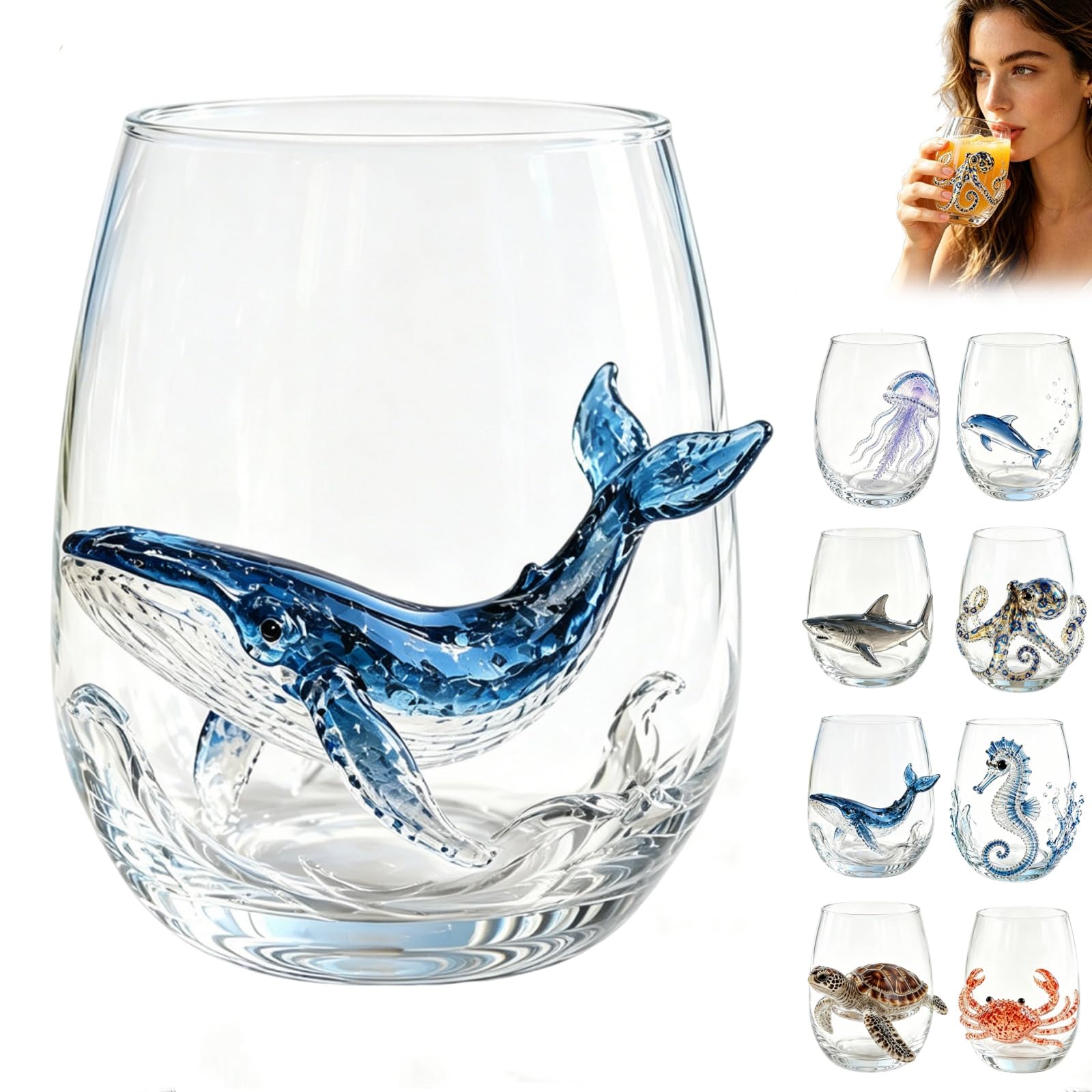 Artisanal Blue Ringed Octopus Glassware, 3D Unique Octopus Stemless Wine Glass, Handmade Ocean Animals Drinking Glasses, Coastal Home Bar Decor Gift for Ocean Lovers (3D-Whale