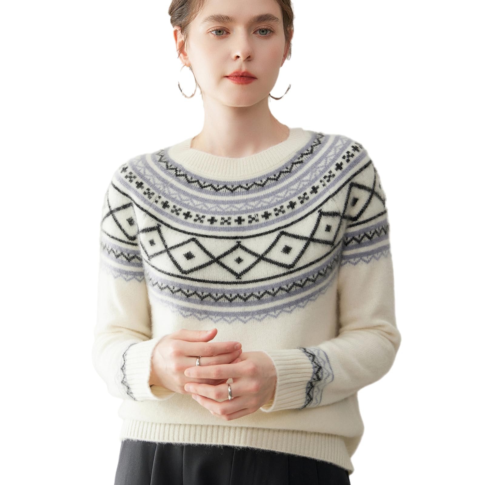 Womens Cashmere Merino Wool Blend Fair Isle Crewneck Sweater Lightweight Pullover Long Sleeve Knit Top Fall Winter