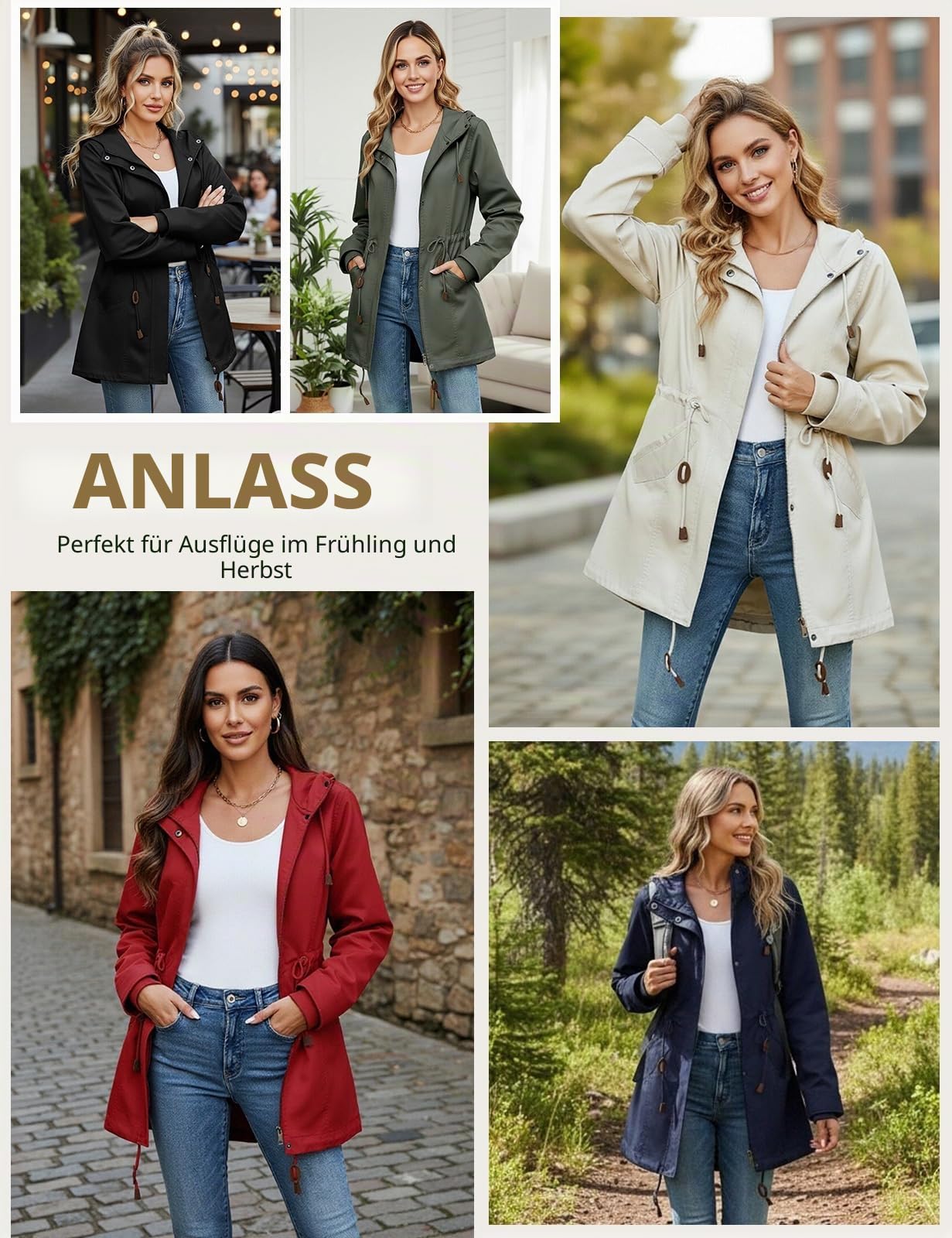 Vancavoo Übergangsjacke Damen Leichte Herbstjacke mit Kapuze | Frühjahrsjacke mit Kordelzug, Reißverschluss, Rippbündchen und Taschen für Frühling und Herbst