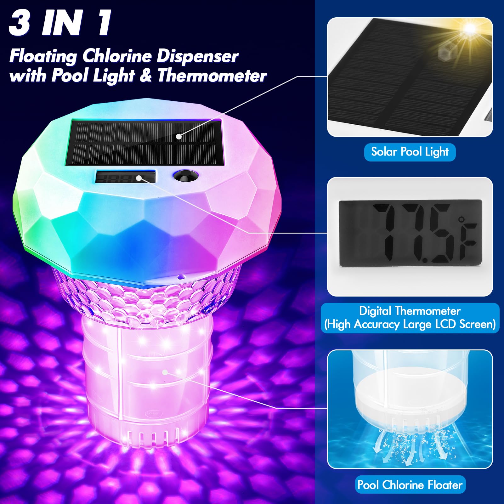 Dosierschwimmer Pool Solar Lichter mit Thermometer, 3 in 1 Poolthermometer & Pool Chlordosierer & buntem Poolbeleuchtung mit Fernbedienung Spa Pools Dosierer Chlorspender Einstellbarer Auslöser