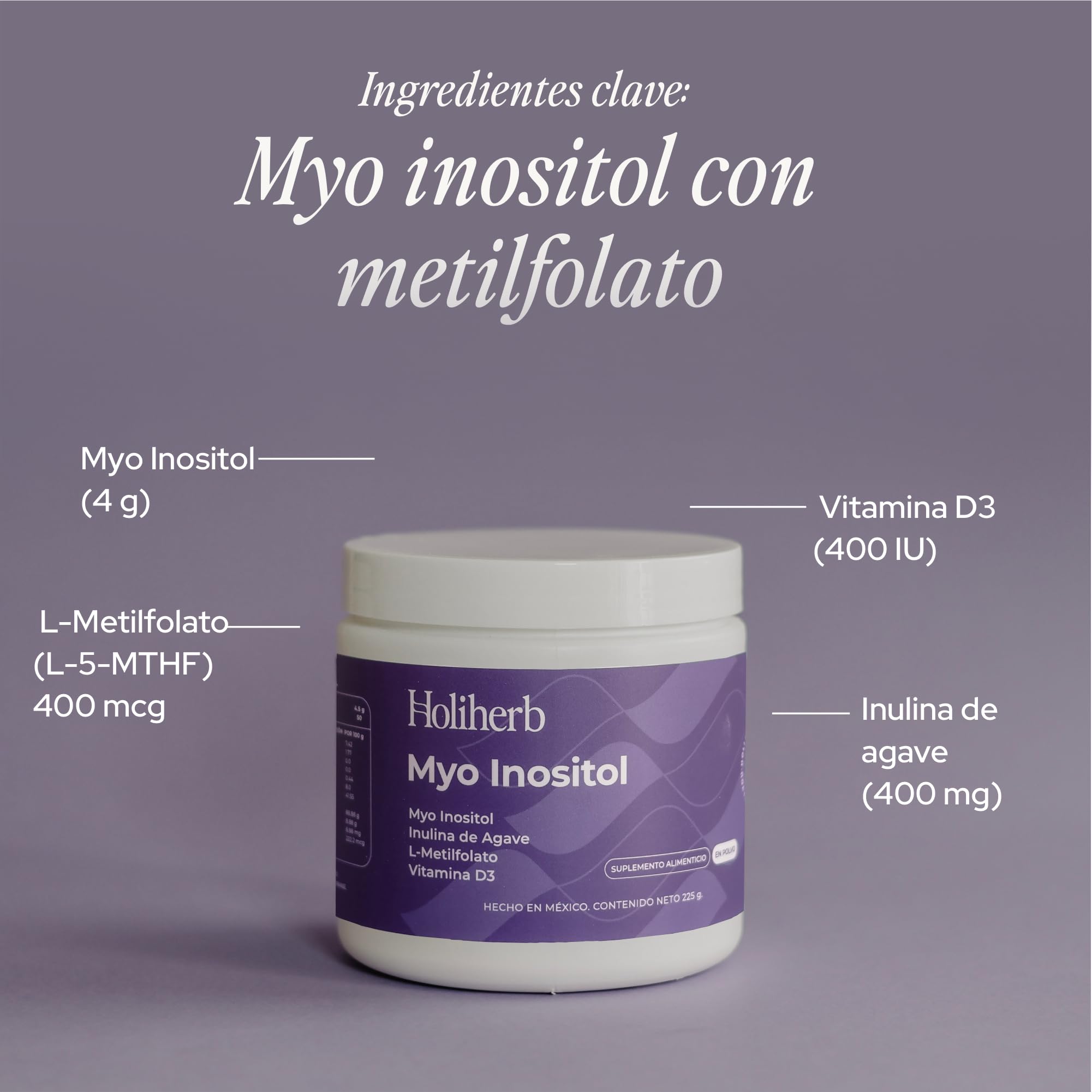Holiherb Myo Inositol (4g) + Metil Folato Suplemento en Polvo | 45 porciones