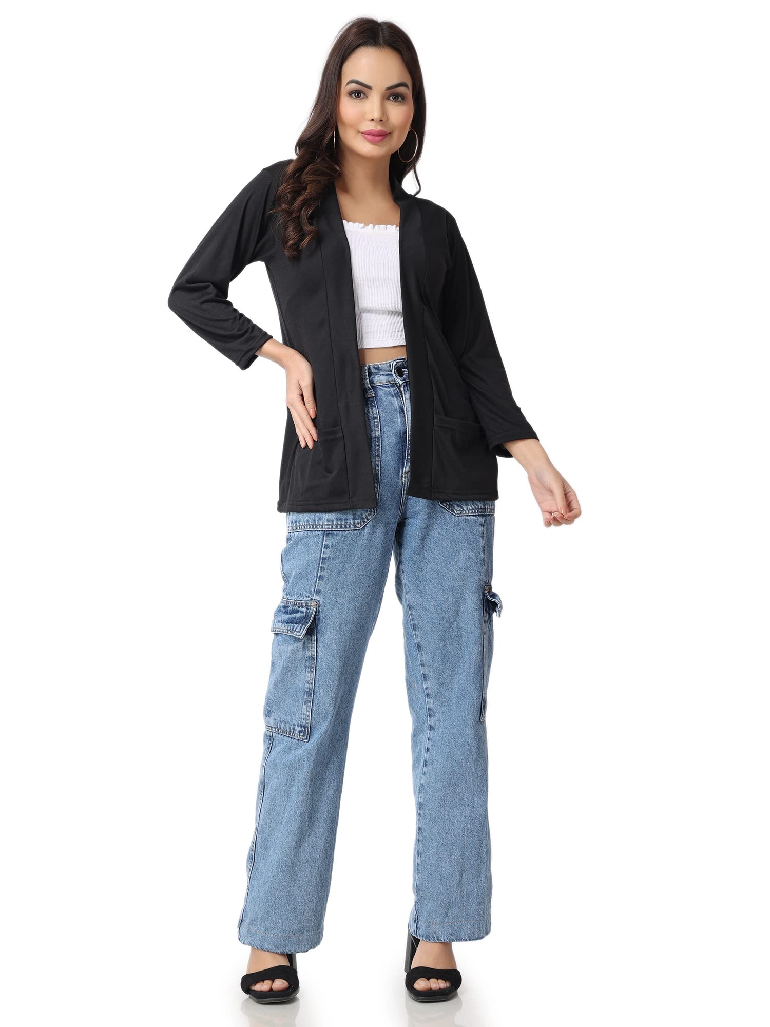 af affair Girl's & Women's Cotton Two Pocket Long Sleeves Shrug -Black, Large-picture-18