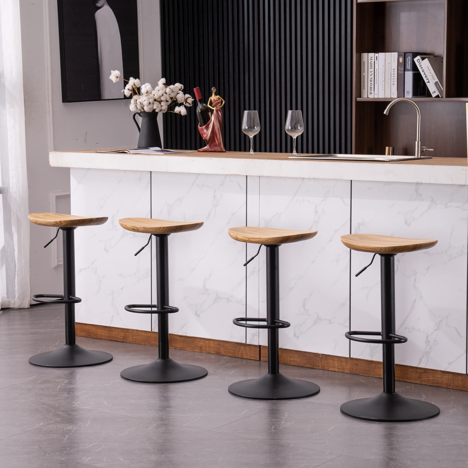 Kidol & Shellder Taburetes de Bar Juego de 2 de Madera Maciza Base Metálica Giratoria Ajustable en Altura Fácil de Montar Moderna Encimera de Cocina Industrial…