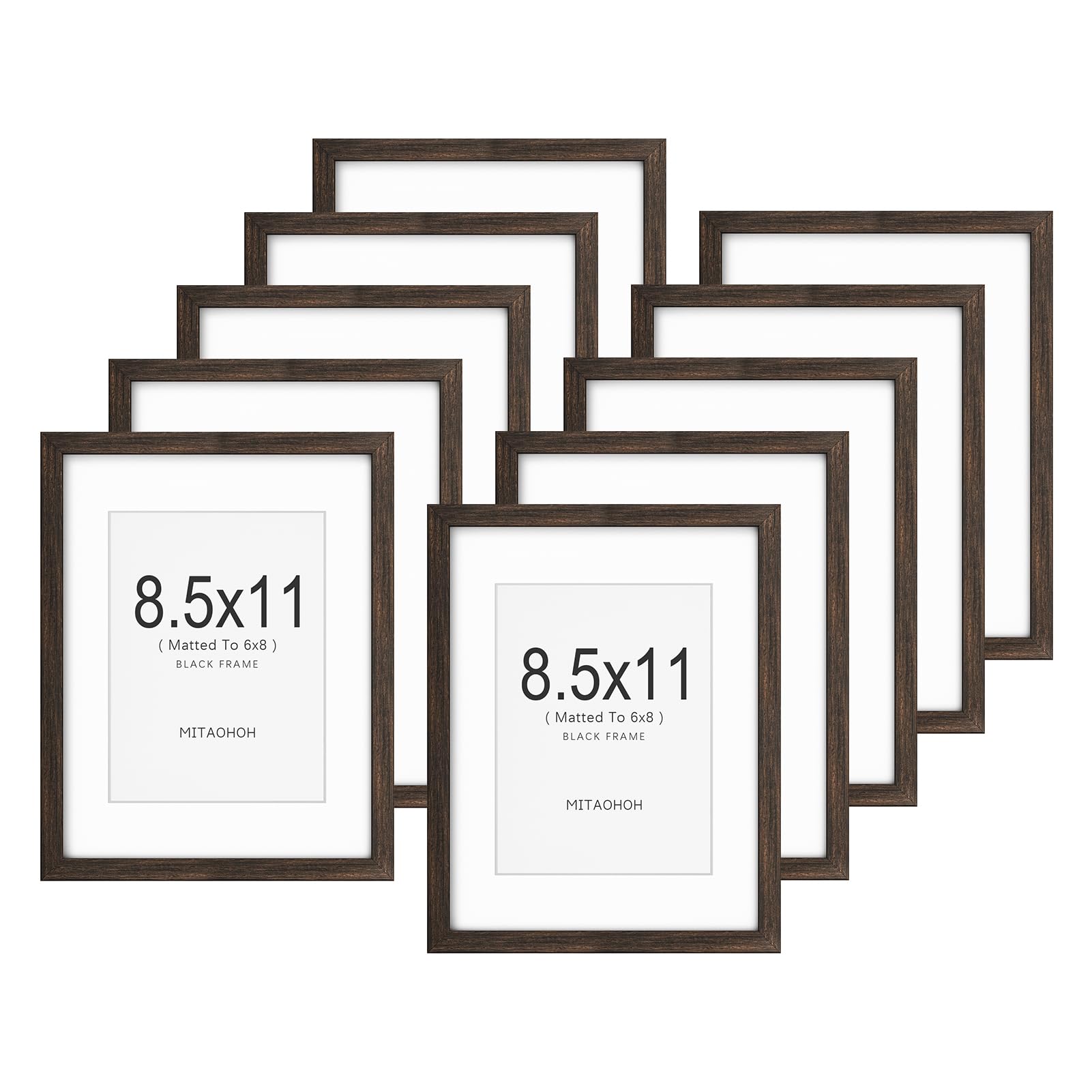 8.5x11 Picture Frame Set of 10, 6x8 with Mat or 8.5x11 Without Mat Minimalist Style Photo Frame with Plexiglass Cover for Wall & Tabletop Display, Brown
