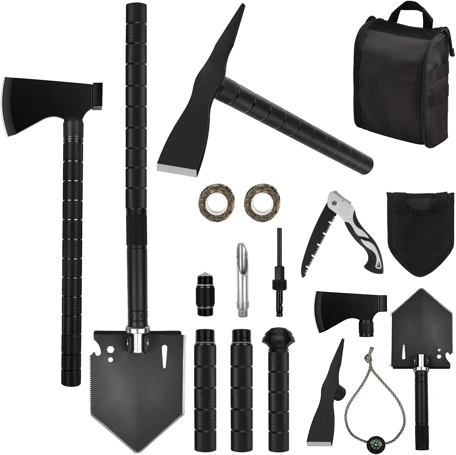 Survival Shovel, Off-Roading Tool Kit, Tactical Folding Shovel, Camping Axe Multitool, Pickaxe, with Molle Carrying Bag for Outdoor, Car Emergency