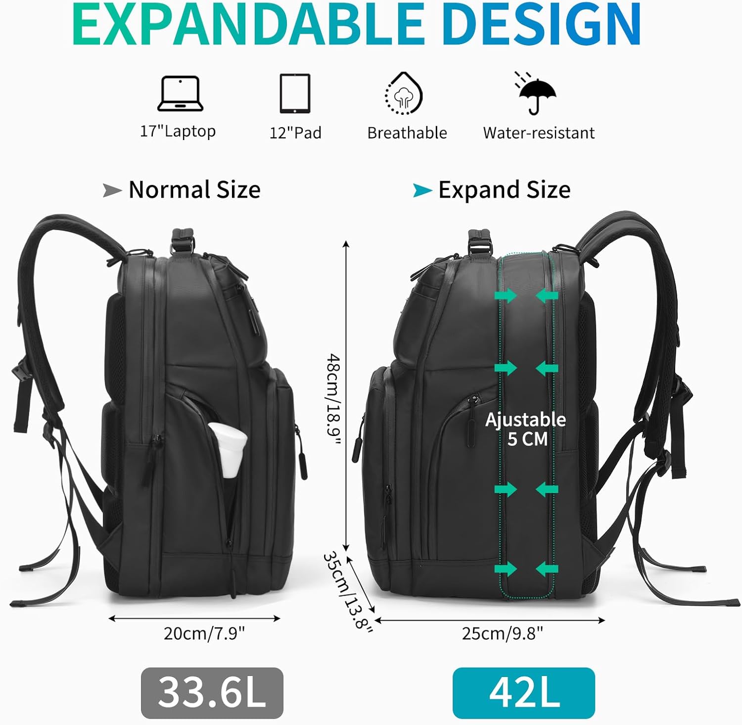 Expandable Business Backpack with 17" Laptop Compartment - Waterproof, Airline Approved, 33L-42L Capacity, for Work & Travel, Black - Image 2
