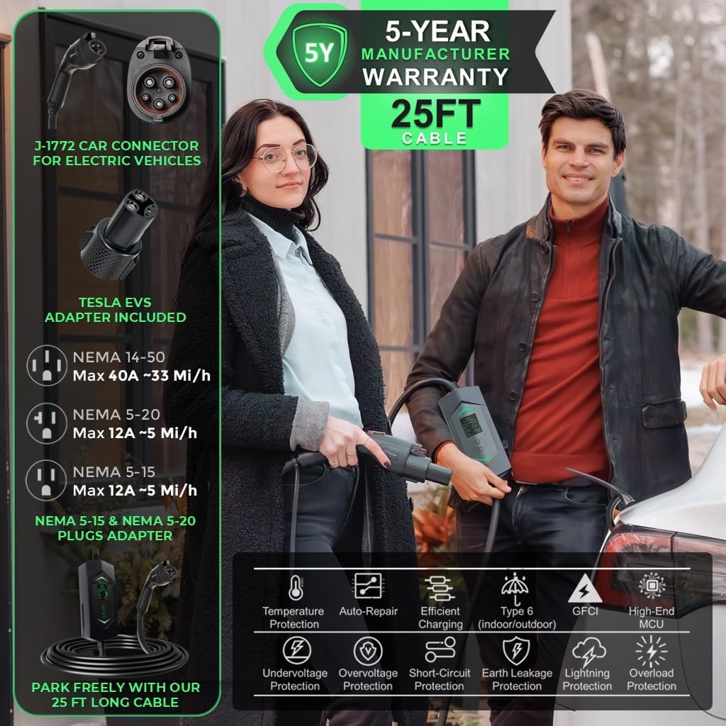 MACH 3 Fast 40 Amp Level 1&2 Portable EV Charger, Electric Vehicle Charging Station, 120-240V NEMA 14-50 w/ 5-15 Adapter. SAE J1772 car Connector & Tesla mobile NACS, Outdoor EVSE, 25ft Cable w/holder