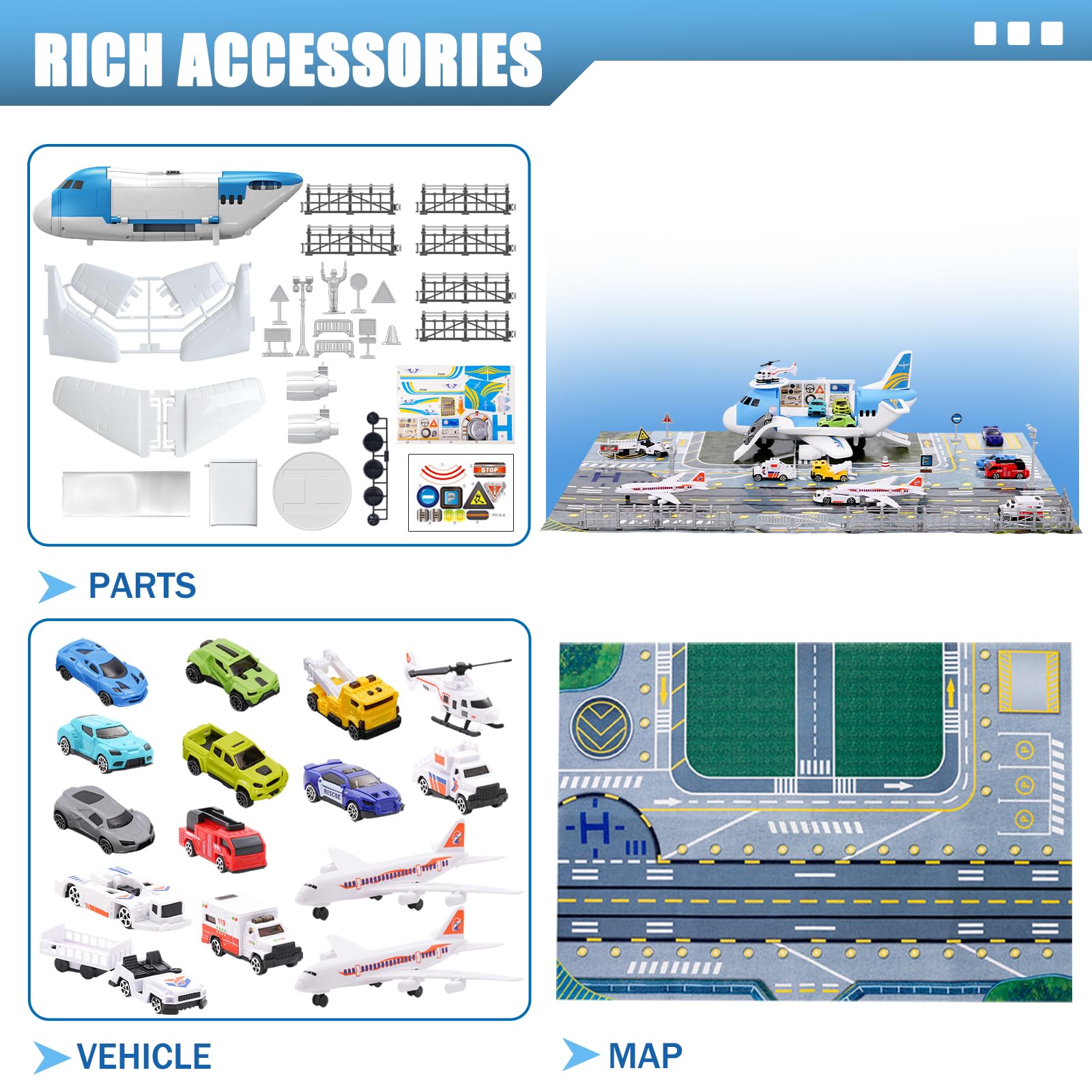 Airport Toys Airplane Car Toy Set for Kids with Trucks Helicopter, Planes, Signs, Fire Trucks Race Cars and Airport Playmat - Image 3