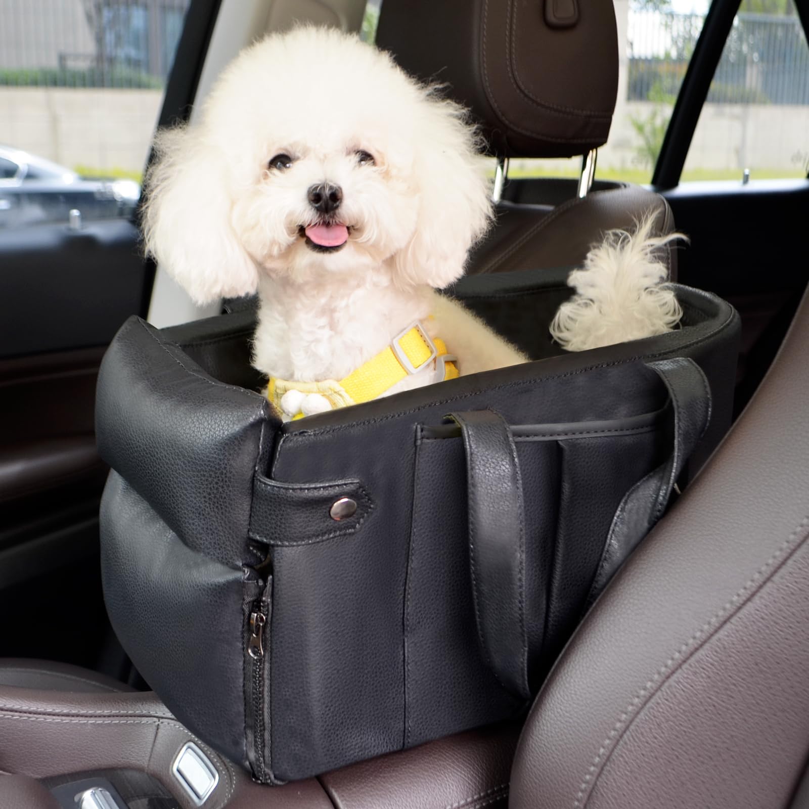 Portable Small Dog Seat for Car, Luxury Leather Center Console Dog Car Seat Booster with Safety Tethers, Anti-Collapse Pet Travel Carseat for SUV, Truck