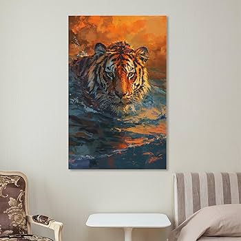 Amazon.co.jp: 絵画 水の中を泳ぐ虎 アートパネル ポスター 動物の油絵