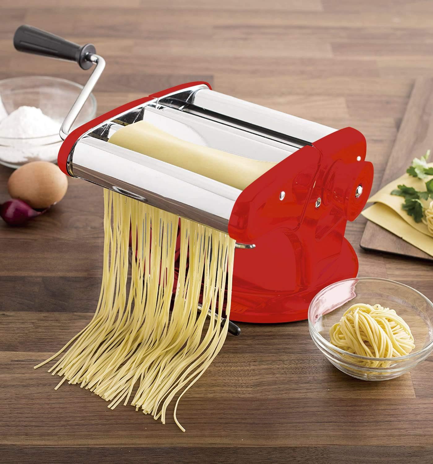 Cestari Ultimate Pasta Machine - Unique Patented Suction Base for No-Slip Use of Stainless Steel Pasta Roller Machine - 150 mm - Includes Pasta Cutter, Hand Crank, and Recipes