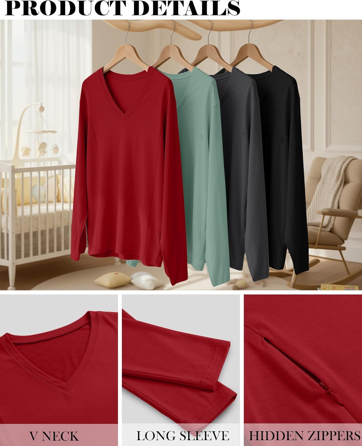 4 Pack Women's Long Sleeve Nursing Shirts with Hidden Zipper V Neck Breastfeeding Clothes Maternity Loose Fit Tops