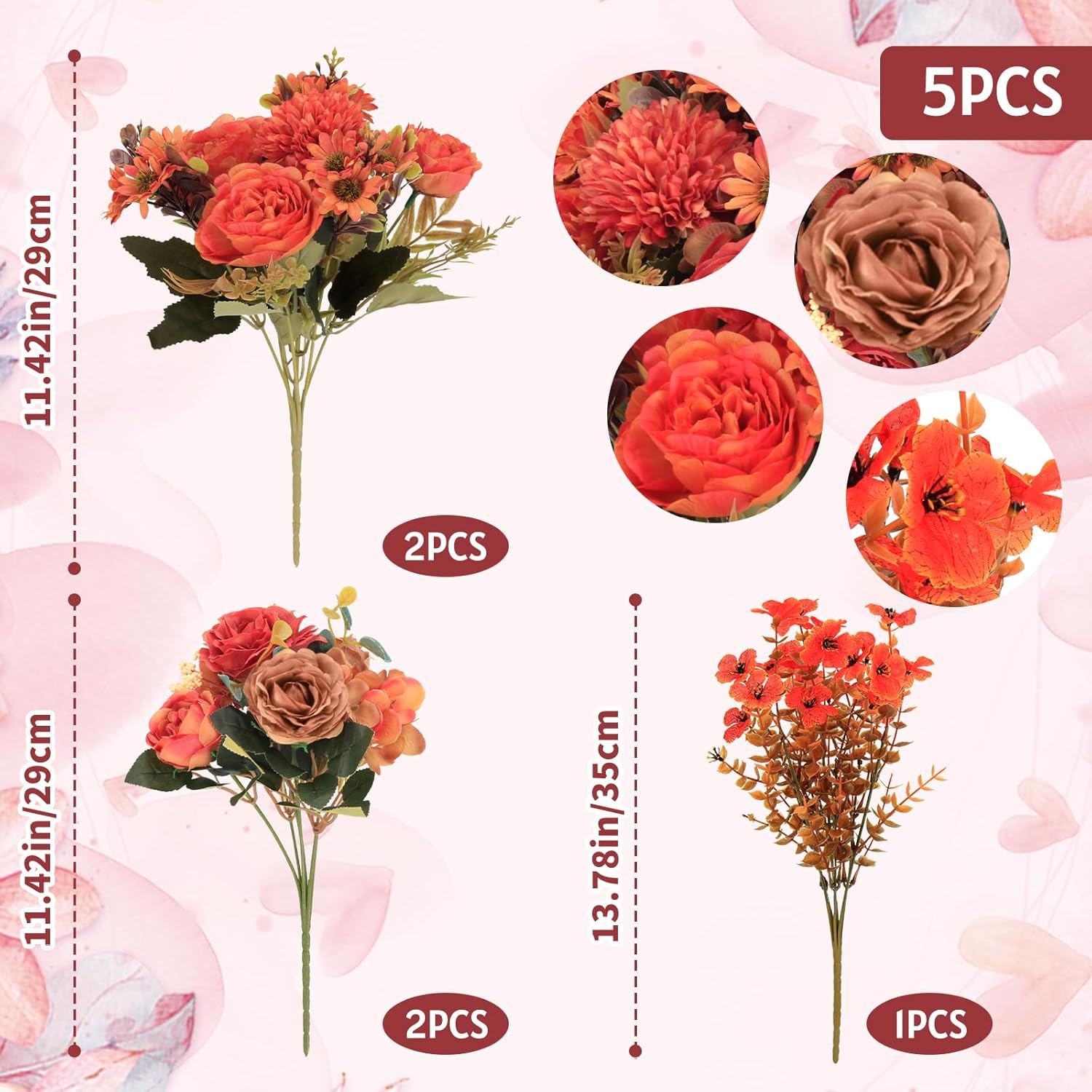 5 Bunches of Artificial Flowers,Burnt Orange Silk Artificial Rose,Pompom and Small Daisy Flowers, Fall Decorations for Home,Wedding,Garden,Party,Table Bouquet Centerpiece