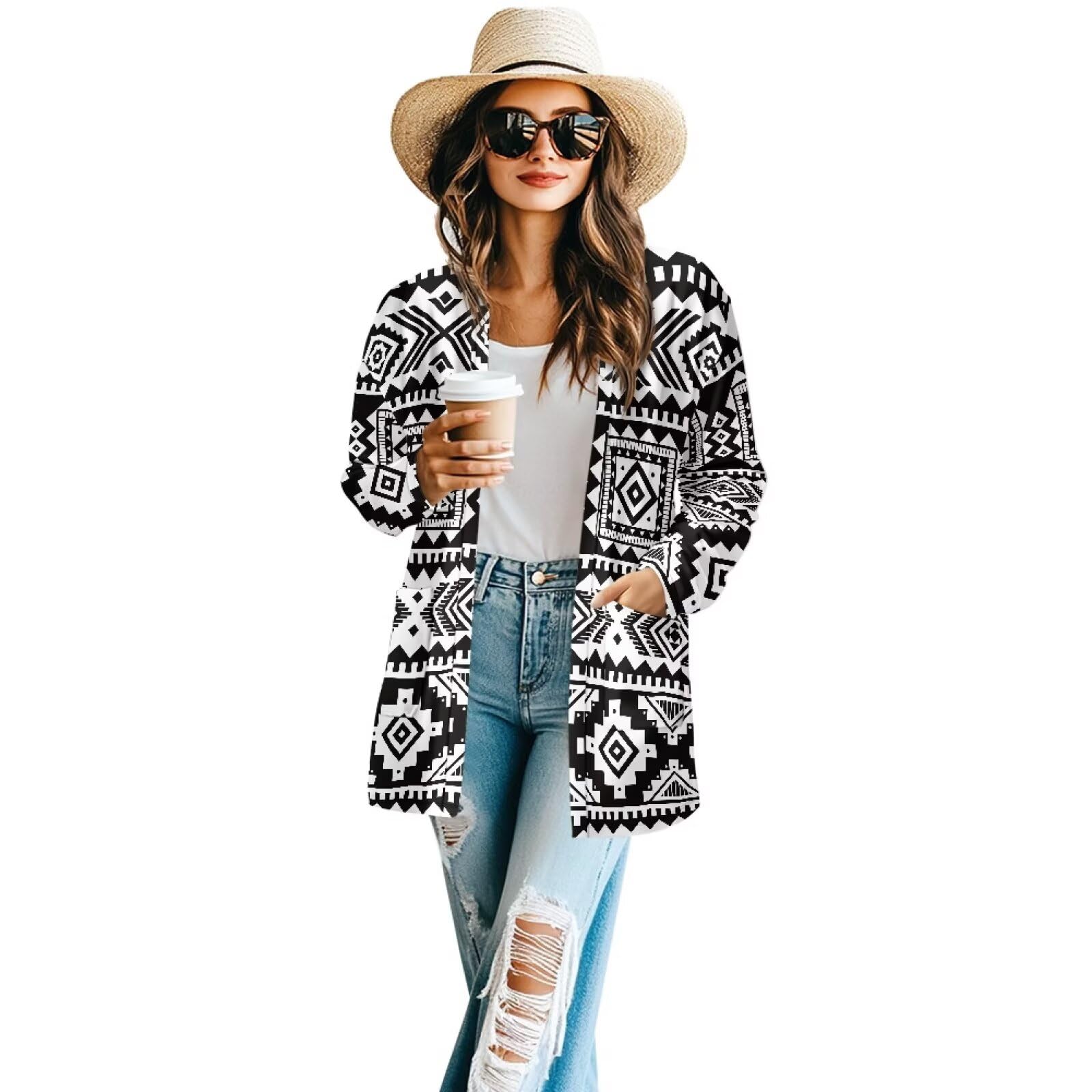 Women's Aztec Open-Front Jacket Lightweight Casual Outerwear Native Western Aztec Pattern &amp; Plaid Houndstooth Print