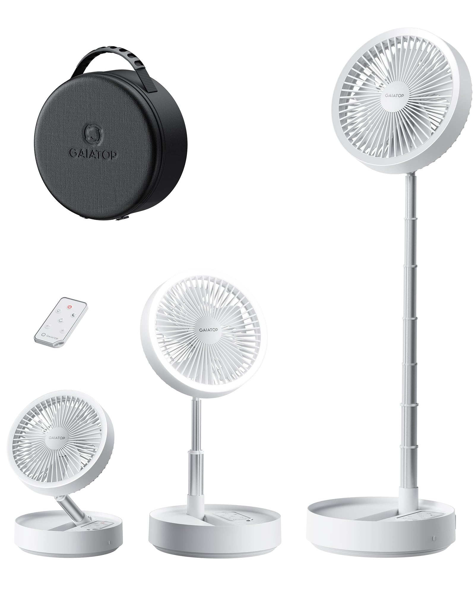 Gaiatop Portable Pedestal Fan 16000mAh Battery [Max 74h Runtime], Foldable Oscillating Standing Fan, Collapsible Desk Fans, LED Light, Case & Remote Control, 4 Speeds for Outdoor Travel Camping Office