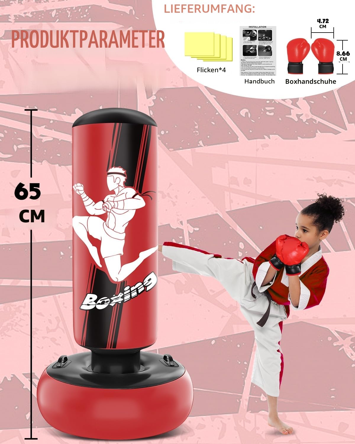 Boxsack Kinder 160cm Aufblasbarer Boxsack Stehend mit Boxhandschuhen zum Üben von MMA Karate Taekwondo und zum Abbau von aufgestauter Energie