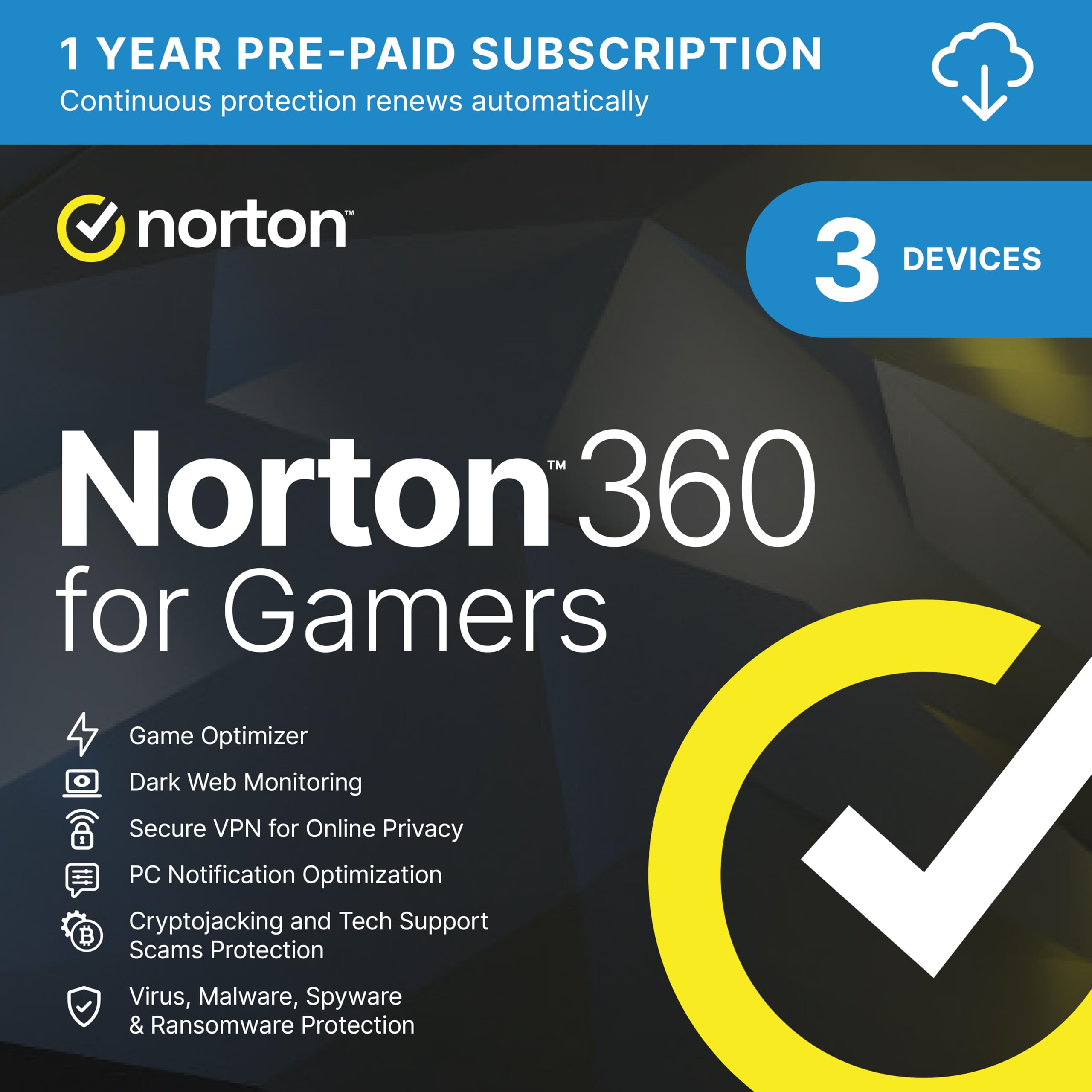 Norton 360 for Gamers 2026, Antivirus software 3 Devices and 1-year subscription with automatic renewal, Secure VPN, Dark Web Monitoring and Password Manager, PC/Mac/iOS/Android