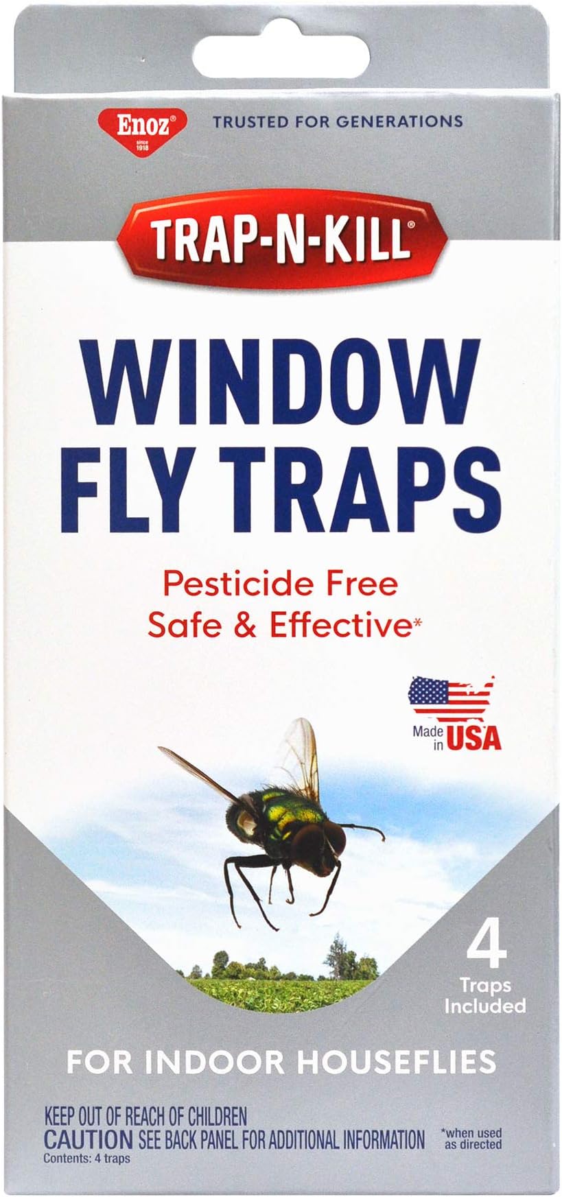 Enoz Trap-N-Kill Window Fly Traps for Indoor Houseflies, Nontoxic, Made in USA, 4 Count