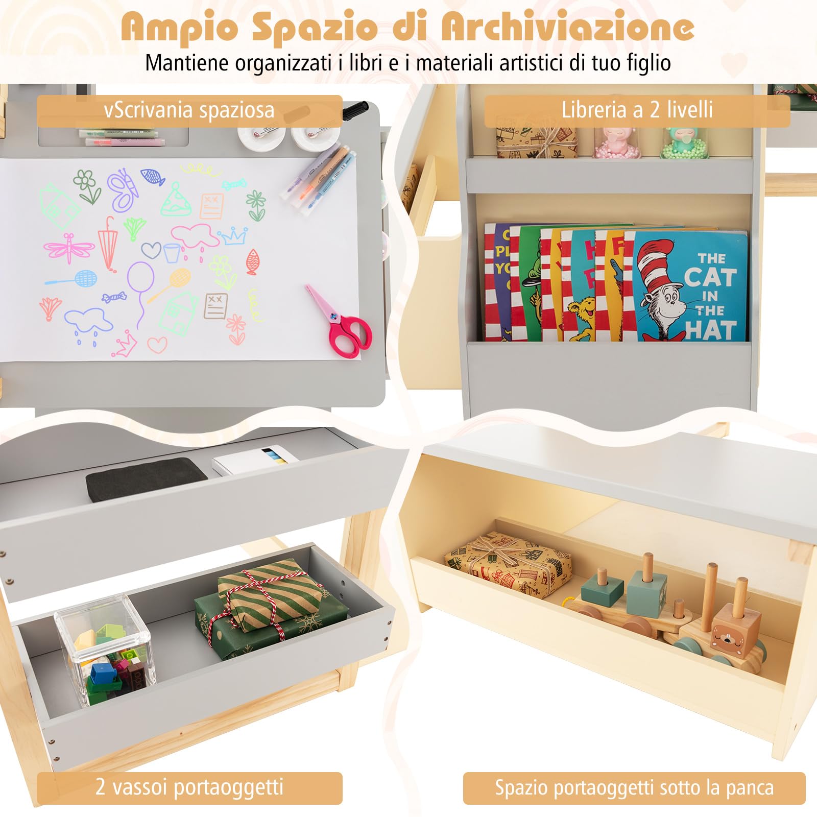 RELAX4LIFE Set Tavolo con Sedie 3 in 1, Cavalletto Regolabile/Scaffale/Scrivania/Lavagna Bianca/Lavagna Nera/Libreria con Tazze,Pennarelli,Gomma, Gessetti,114x81x100 cm (GRIGIO)