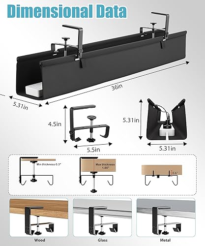 Miniatura 4 de Bandeja de organización de cables de tela Oxford para debajo del escritorio, organizador de cables de escritorio de 36 pulgadas con instalación de