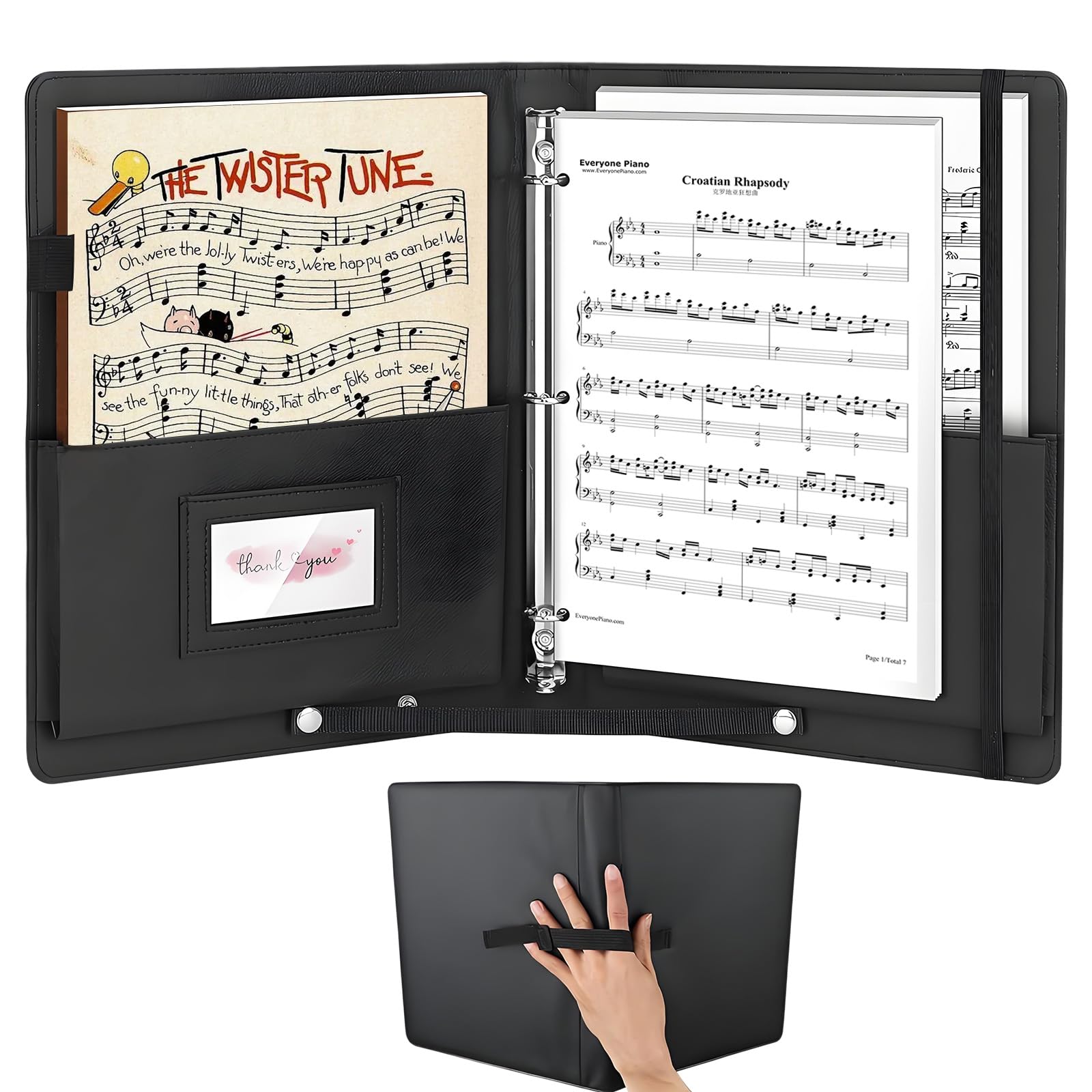 Carpeta Partituras A4, Carpeta Coral Negra, Material PU, Portapartituras Con Correa Mano, Capacidad Máxima 200 hojas, Regalos para profesor de musica