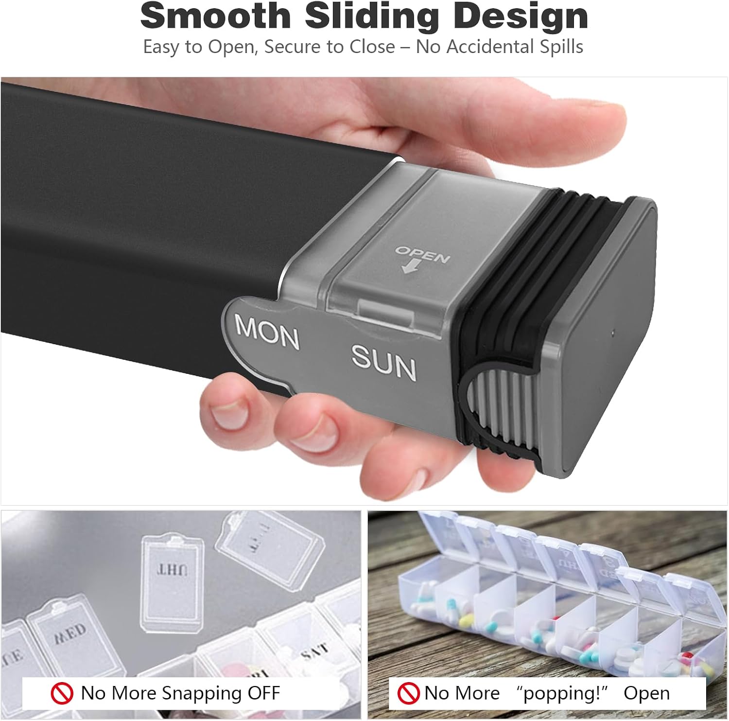 Weekly Metal Pill Organizer, Large Capacity 7 Day Travel Pill Organizer for Adults & Seniors, Portable Vitamin & Supplement Pill Box with Secure Sliding Design (Black)