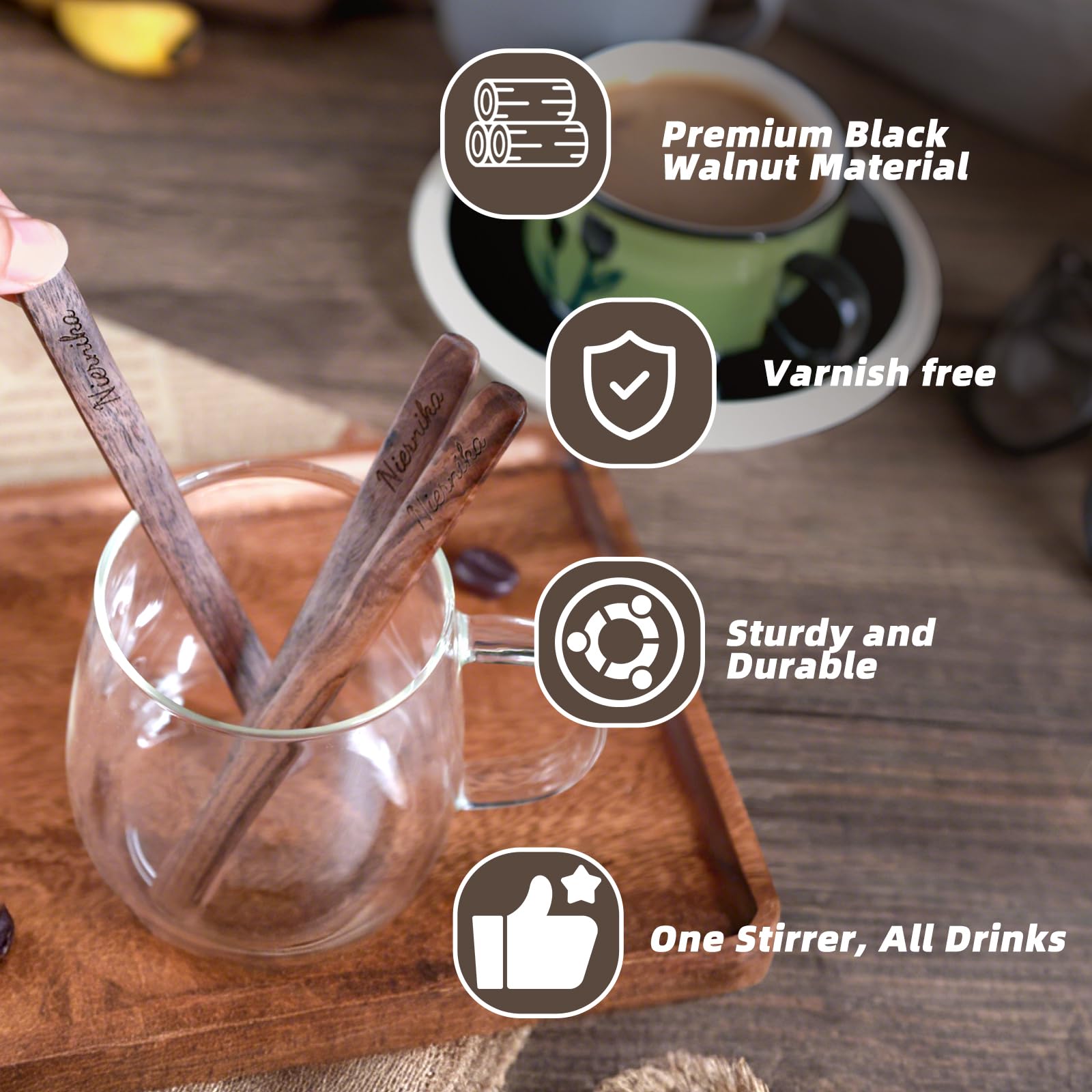 3 varillas de café reutilizables de madera de alta calidad, pulidas a mano, agitadores de café de textura natural para una experiencia de preparación premium