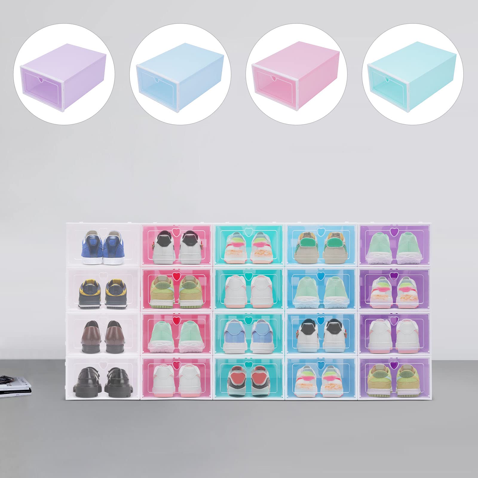 20 scatole per scarpe con coperchio ribaltabile, scatole per scarpe colorate impilabili, 5 colori, scatole per scarpe, adatte per riporre scarpe, piccoli set di attrezzi, riviste, vestiti, documenti