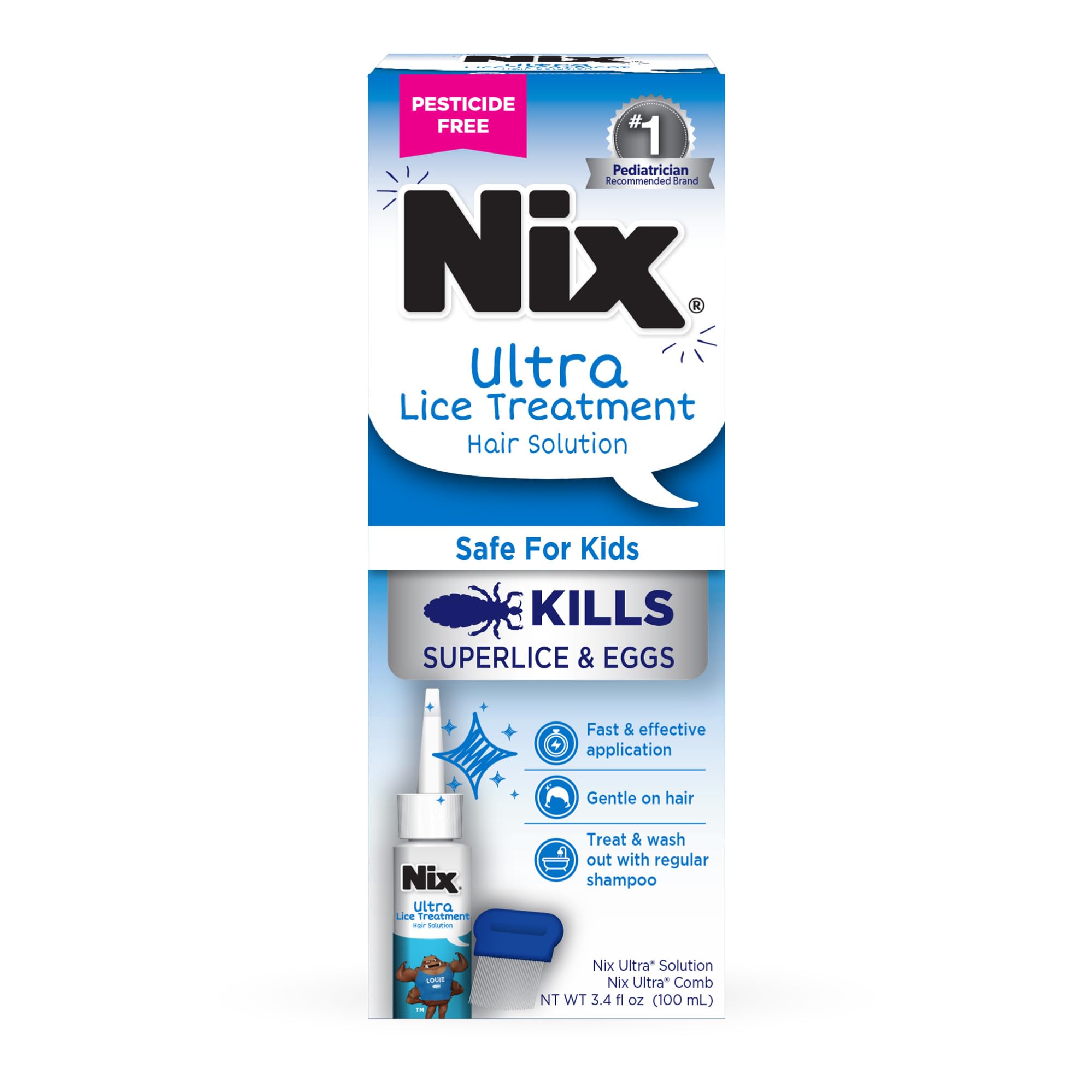 NixUltra Lice Treatment Hair Solution & Lice Comb, Kills Superlice & Eggs, 3.4 Fl Oz