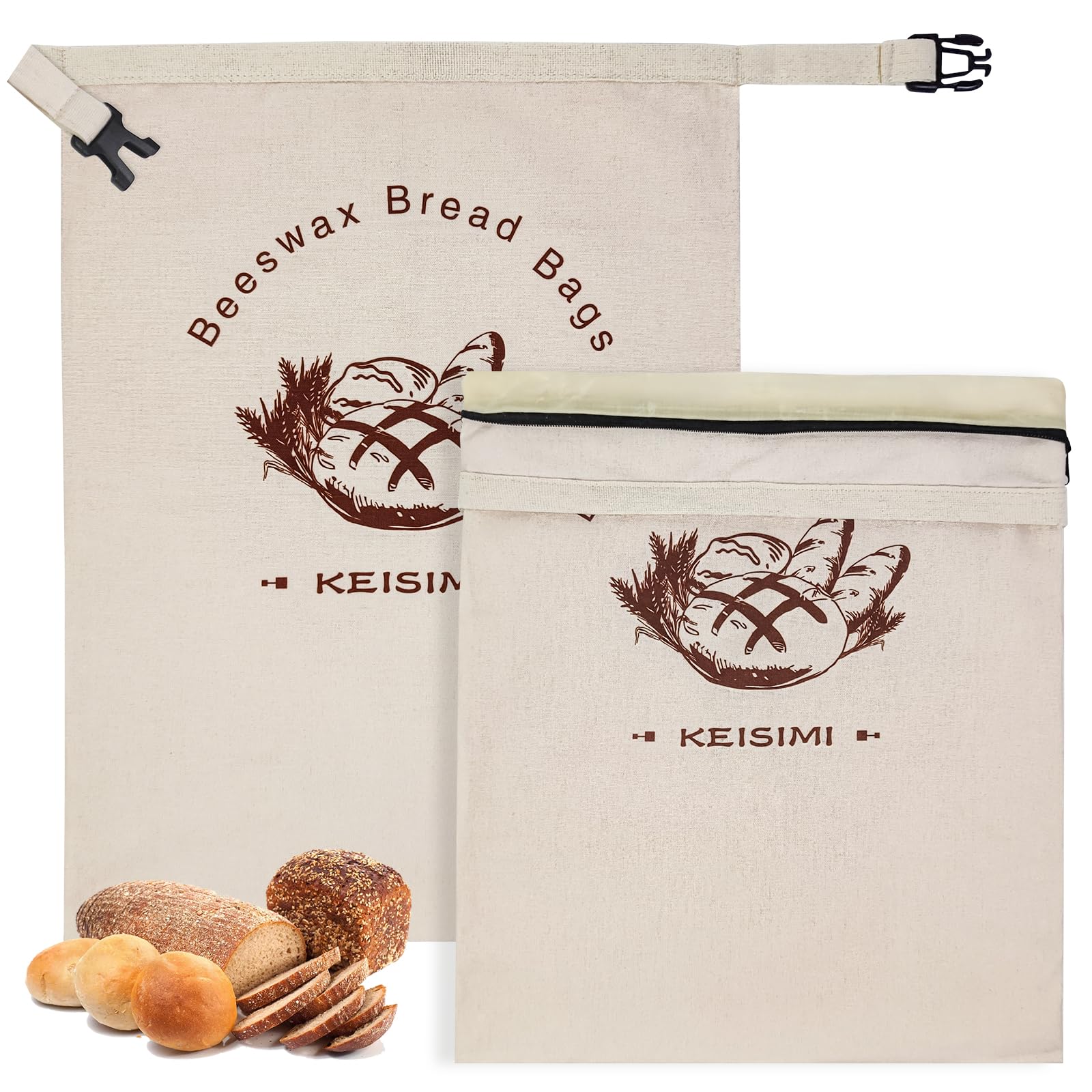 Wiederverwendbare Brotbeutel für hausgemachtes Brot, 2 Stück, Bienenwachs-Brotbeutel für Sauerteig, Baumwollleinen, Lebensmittelaufbewahrungsbeutel zum Frischhalten – extra groß mit Reißverschluss
