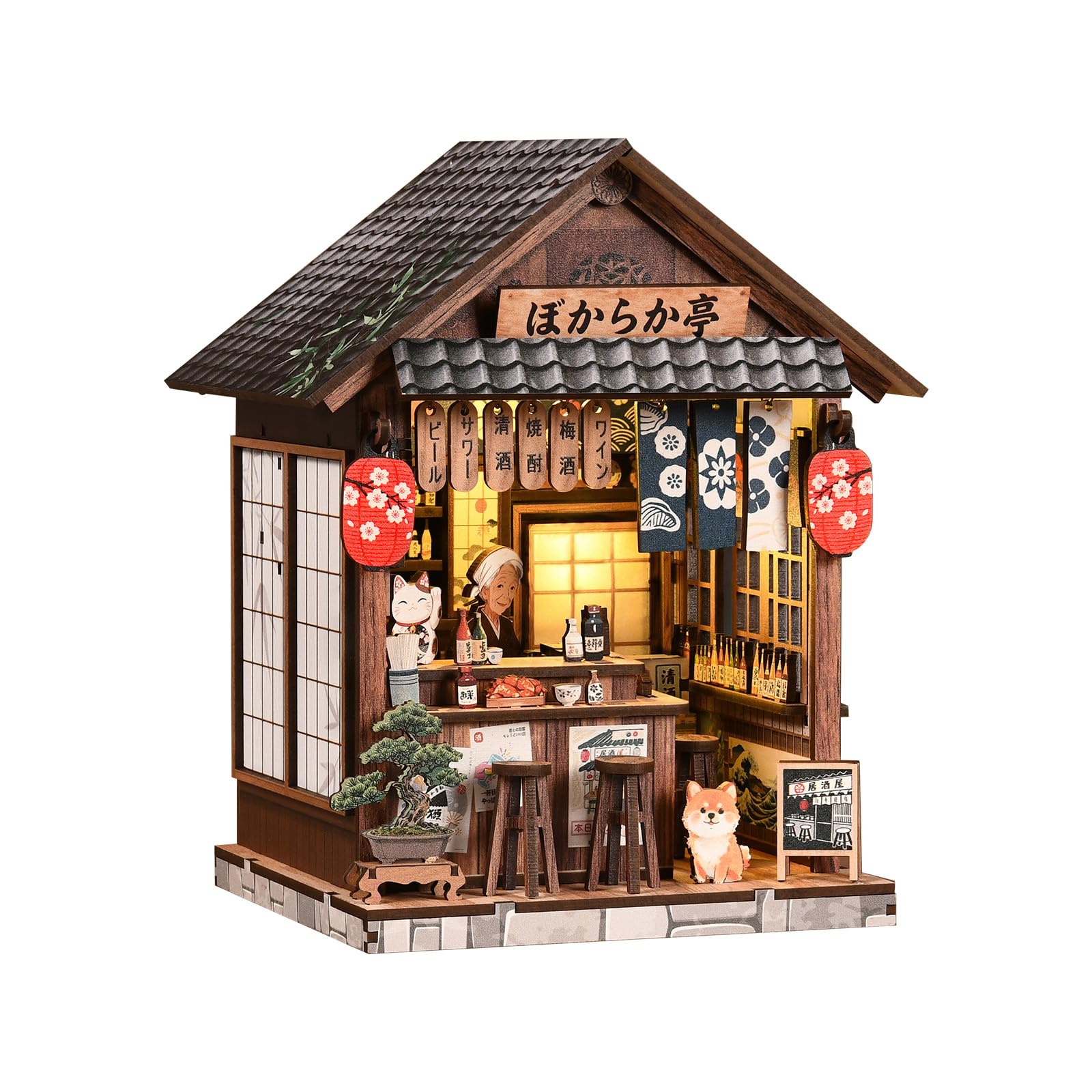 Book Nook Kit Japońskie Izakaya ze światłem LED | Drewniane puzzle 3D | Miniaturowa scena Japonii | Dotykowe światło LED | Kreatywne DIY | Dekoracja regału