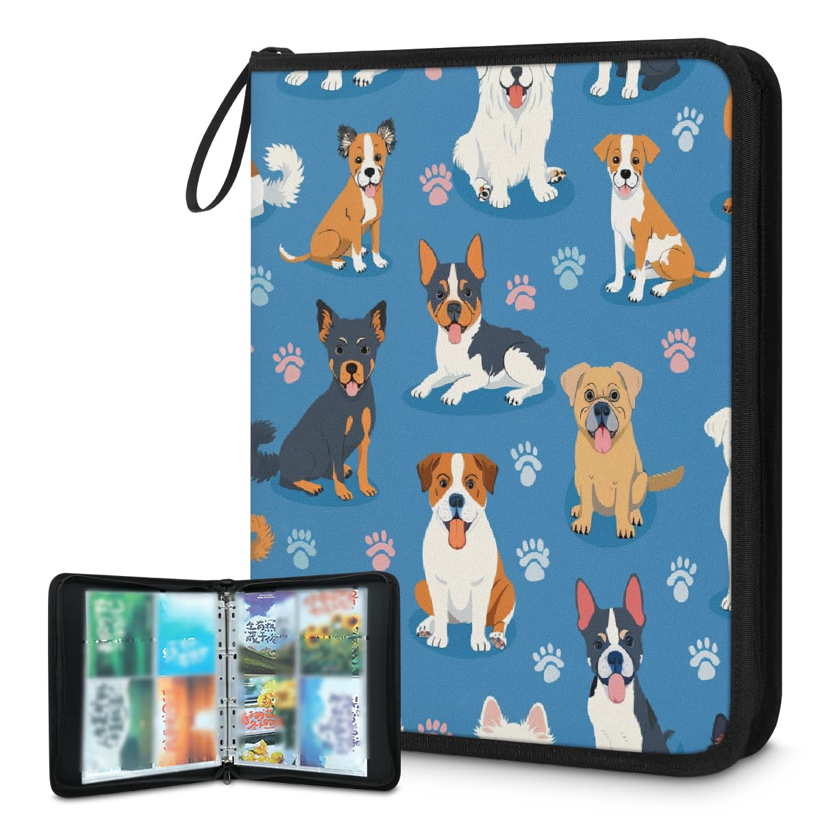 Raccoglitore per carte collezionabili con 4 tasche, con tasche per cuccioli, con maniche rimovibili, impermeabile, con cerniera, 50 pagine, capacità 400 carte