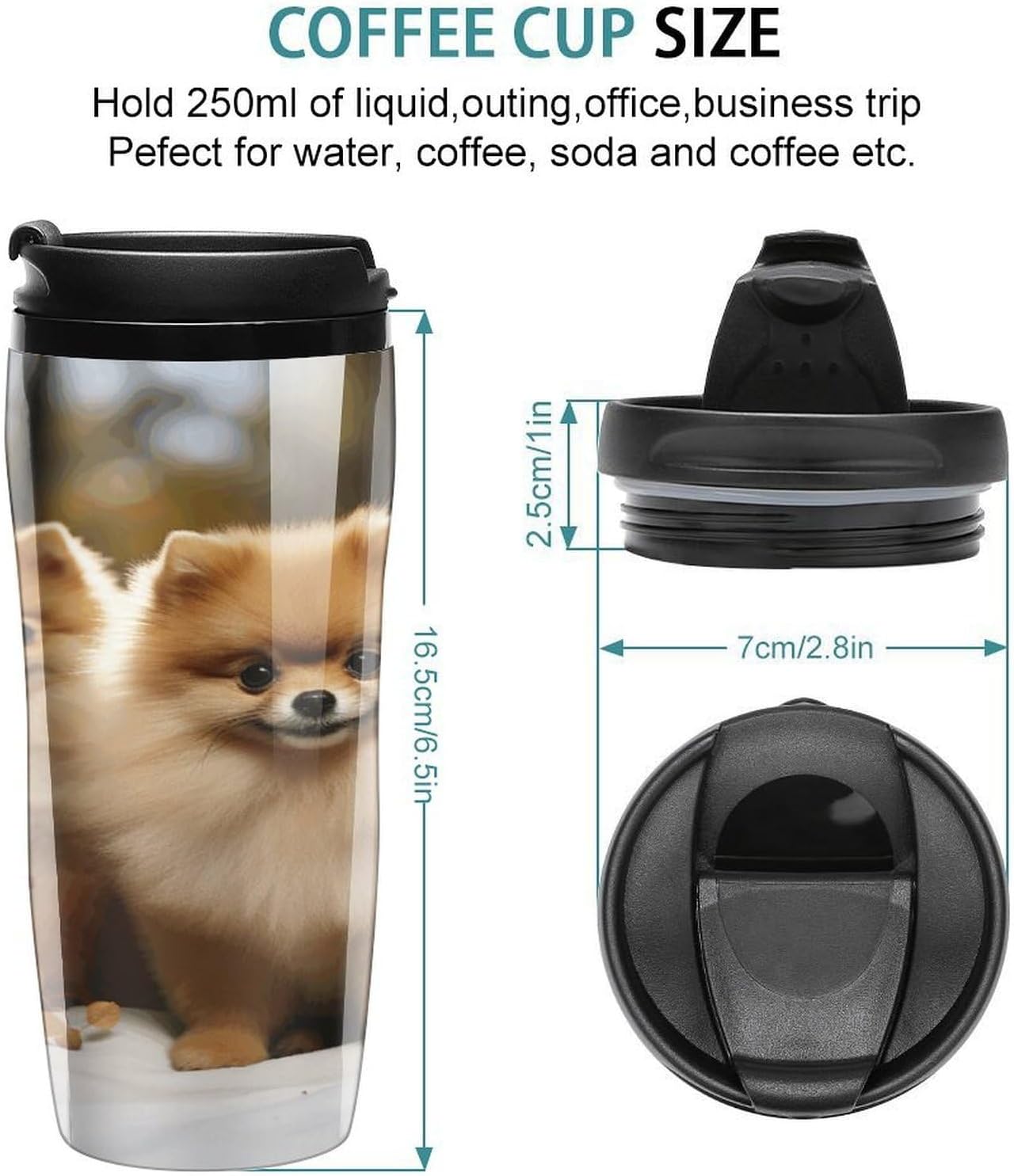 Cute Pomeranian Coffee Cup Reusable Portable Water Bottle with Double-Walled Plastic,Coffee Mug for Hot & Cold Drinks, Cup Holder Friendly 350ml