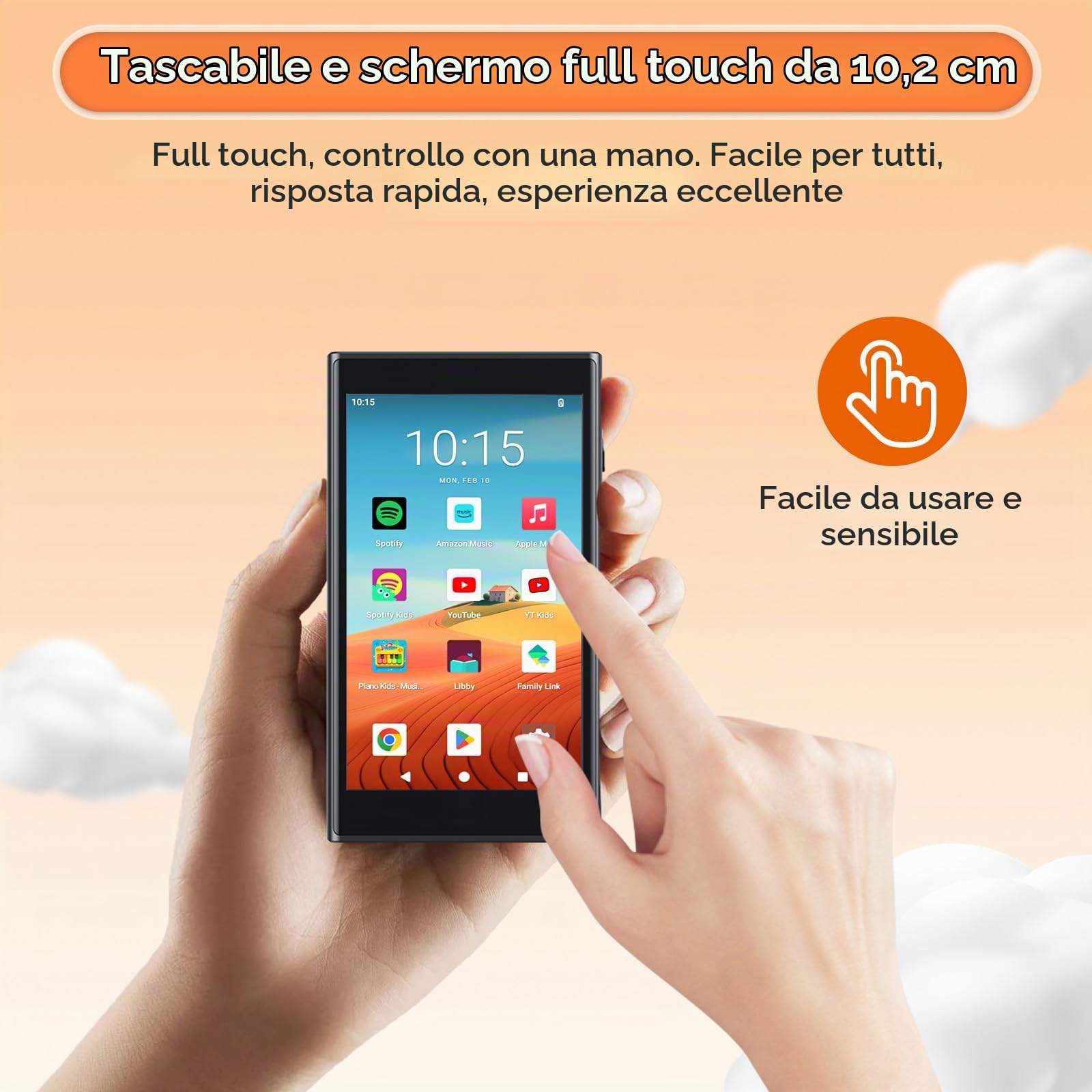 Lettore MP3 da 96 GB con Bluetooth e WiFi, lettore musicale Android 14 con Play Store, Spotify, Pandora, Amazon Music, schermo IPS da 4", MP3 e MP4 per bambini con Libby, Audible, fino a 512 GB