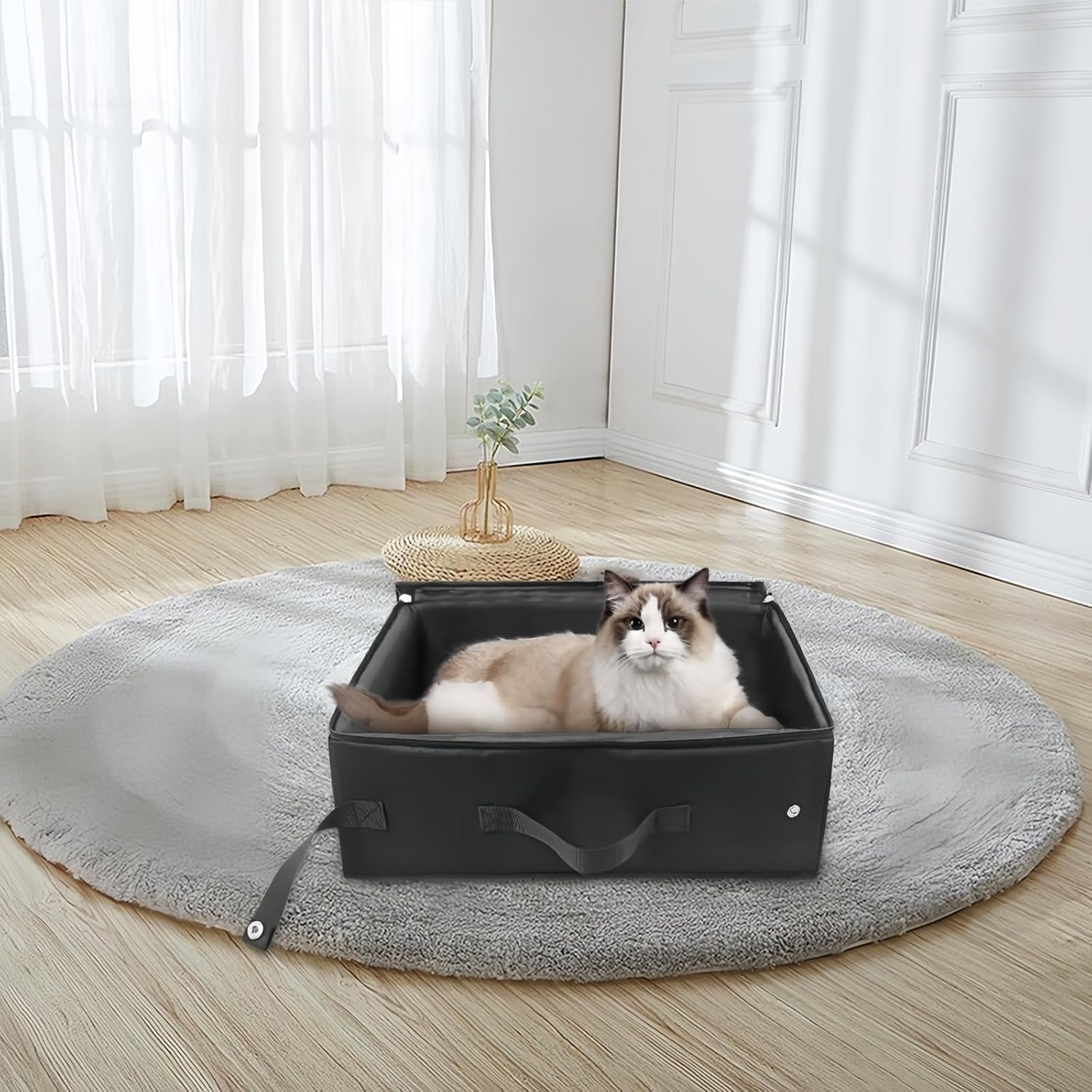 Portable Travel Cat Litter Box with Lid, Foldable Litter Box for Odor & Litter Control, Lightweight for Car, Hotel, Airplane & Outdoor Use