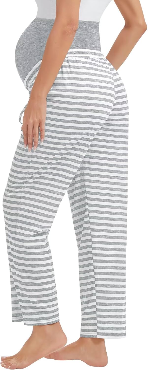 SWOMOG Women's Maternity Pajama Pants Over The Belly Pregnancy Pants Stretchy Lounge Wide Leg Trousers with Pockets - Image 7