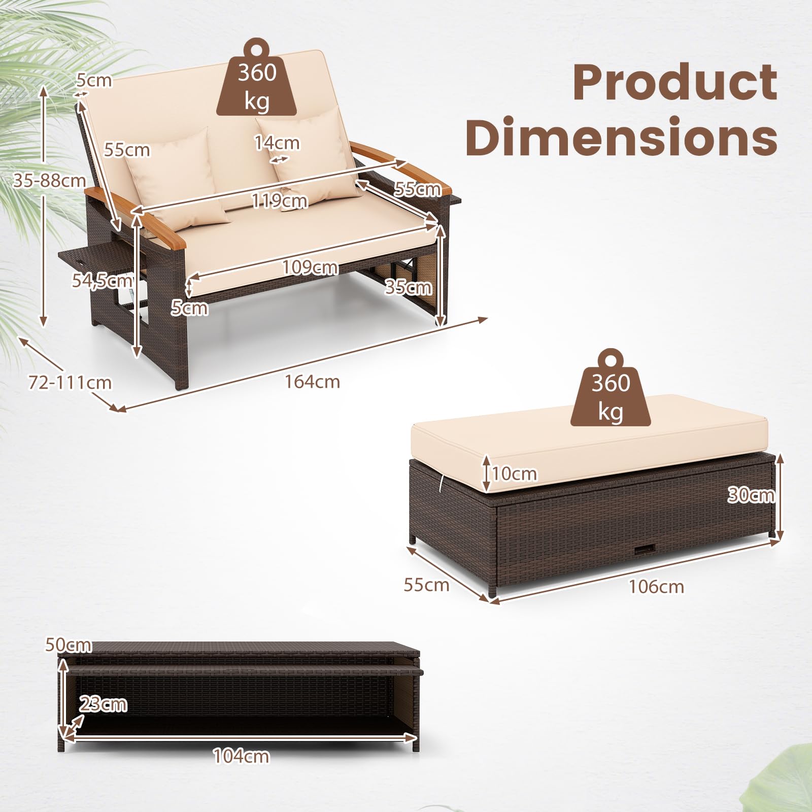 GIANTEX Divano da Giardino in Rattan a 2 Posti con Funzione Allungata, Set di Mobili in Rattan con Sgabello, Doppia Sedia a Sdraio per 2 Persone, 3 Colori (Cuscino Beige)