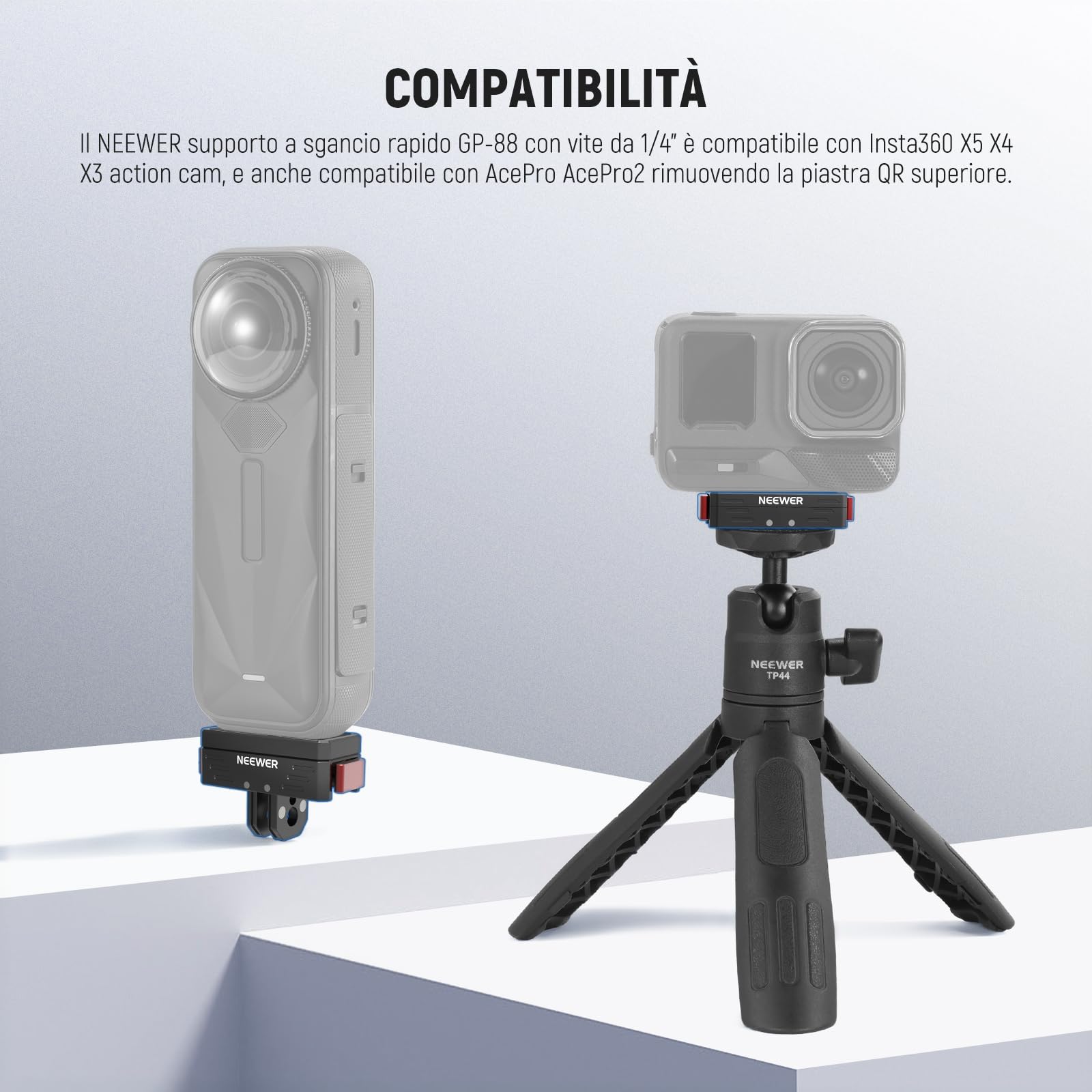 NEEWER Supporto Sgancio Rapido Compatibile con Insta360 X5 X4 X3 AcePro AcePro 2, Adattatore Magnetico con Vite 1/4" e Foro Filettato, Attacco 2 Punte Compatibile con GoPro Accessori Action Cam, GP-88
