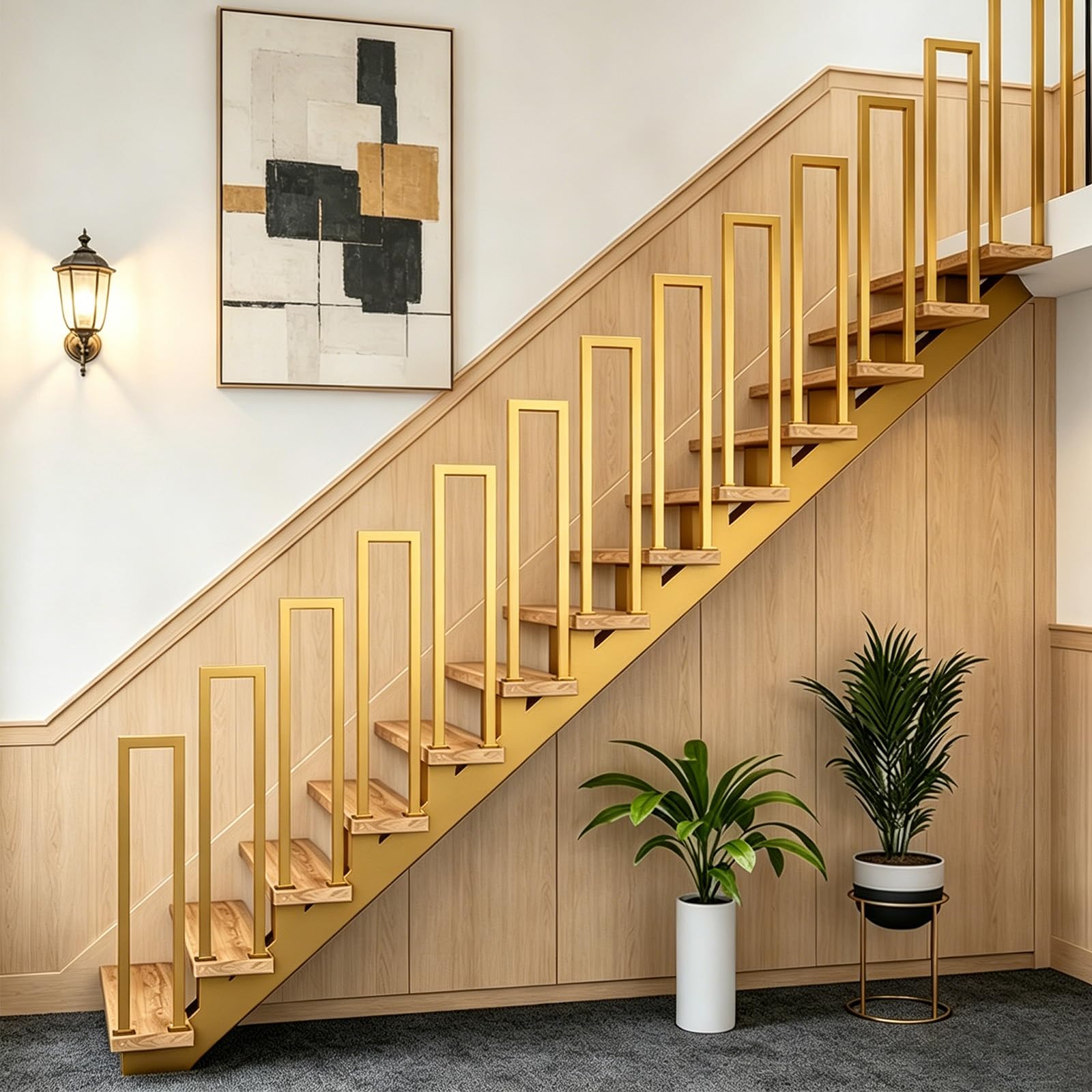 Railing Indoor & Outdoor, u-Shaped Stair railings Inside with Connectors & Screws, Adjustable Metal Stair Railing Baluster Post Set for Garden, Indoor and Outdoor（Gold, 45CM-Right Angle）
