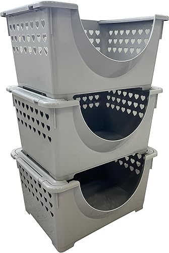 Miniatura 4 de Skywin Contenedores de almacenamiento apilables de plástico, color gris, paquete de 3 contenedores de almacenamiento frontales abiertos con diseño