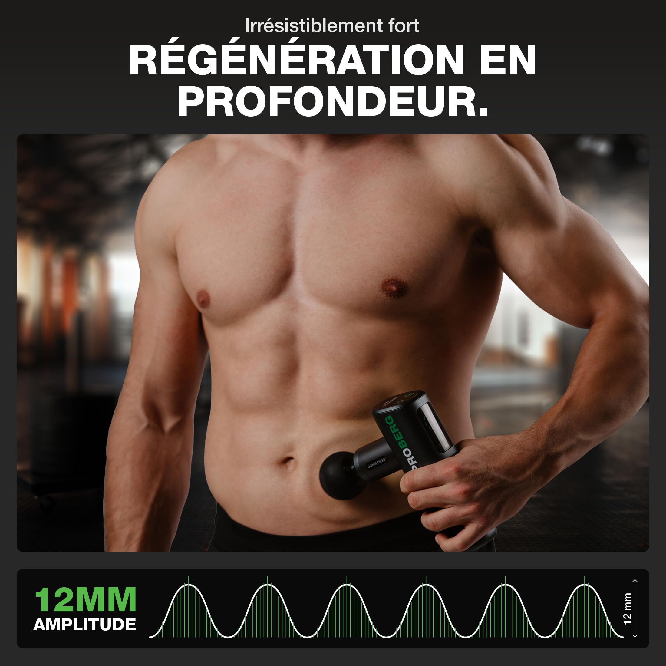 DONNERBERG® Proberg Pistolet De Massage Professionnel À Percussion | Massage Profond, Amplitude 12 mm, Force De 24 kg, Batterie Samsung 3500 mAh, 7 Têtes En Silicone, Garantie Moteur 7 Ans