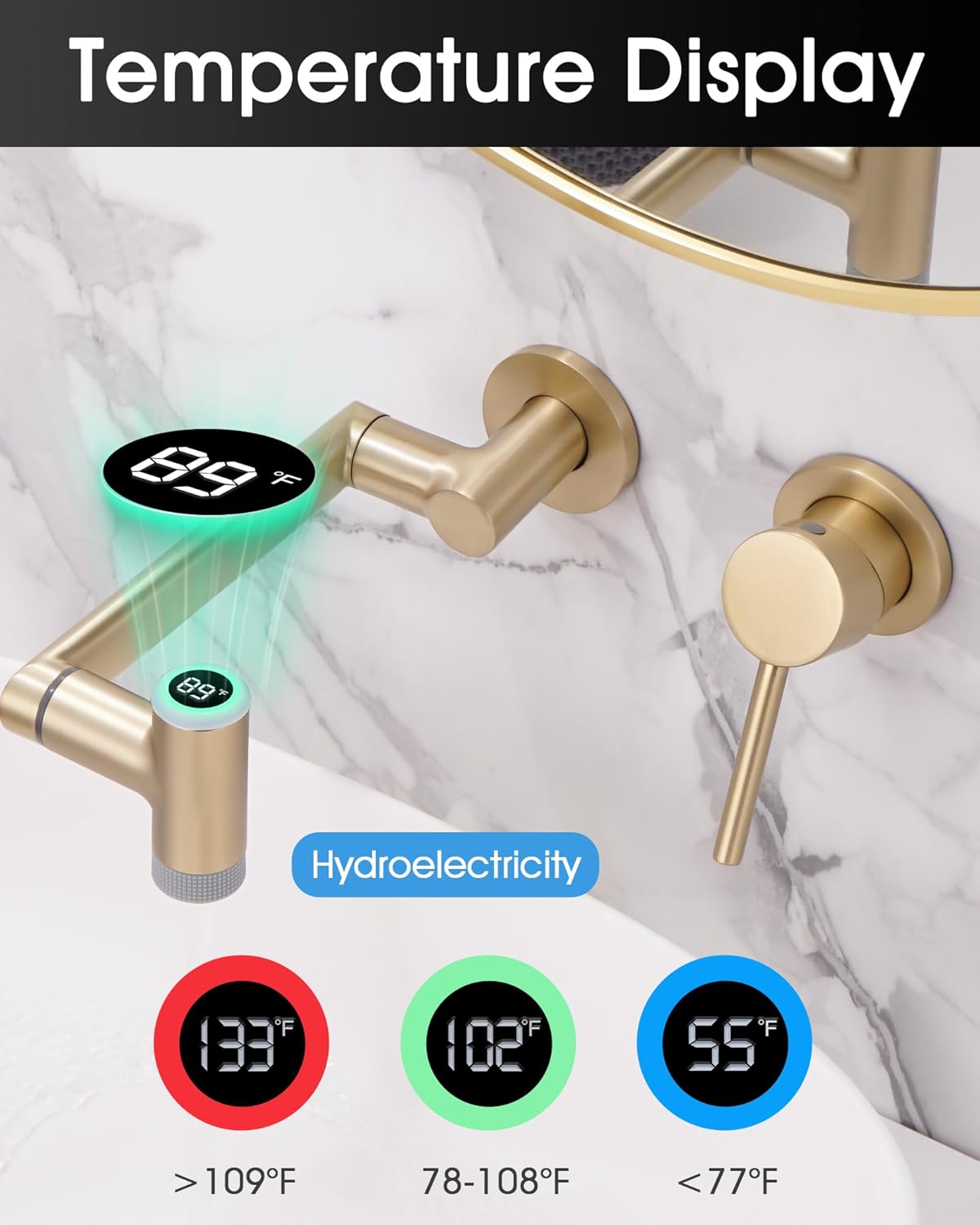 720° Rotatable Wall Mount Bathroom Faucets, Temperature Display Wall Mounted Bathroom Faucet, Adjustable Led Bath Faucet with 2 Water Outlet Modes, Single Handle LED Faucets with Light, Brushed Gold