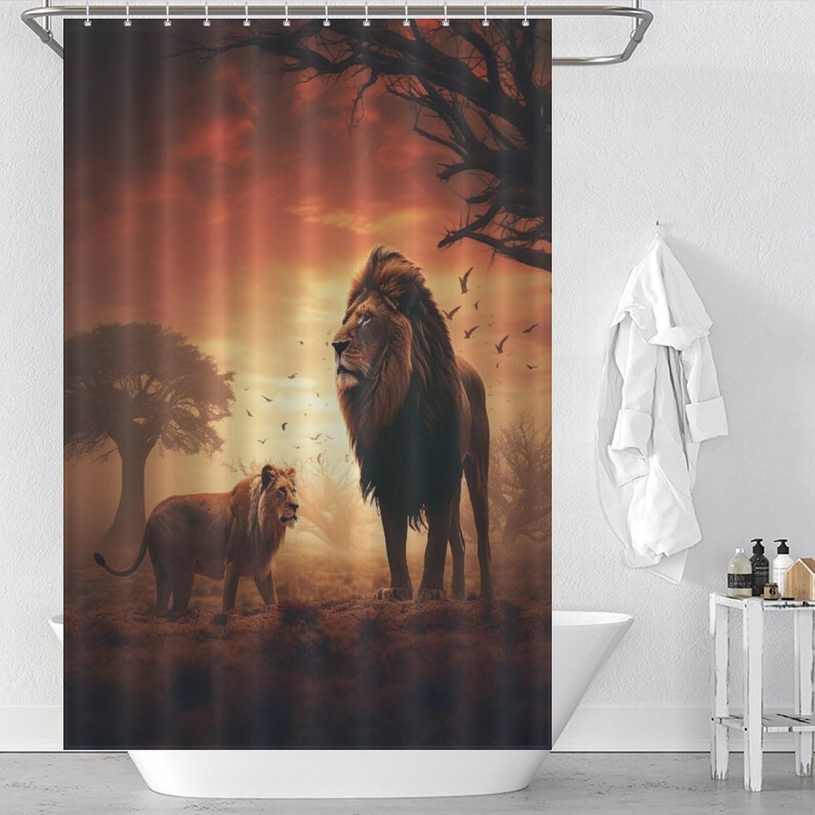 Rideau de douche lion en tissu imperméable lavable 122x183cm avec 12 crochets