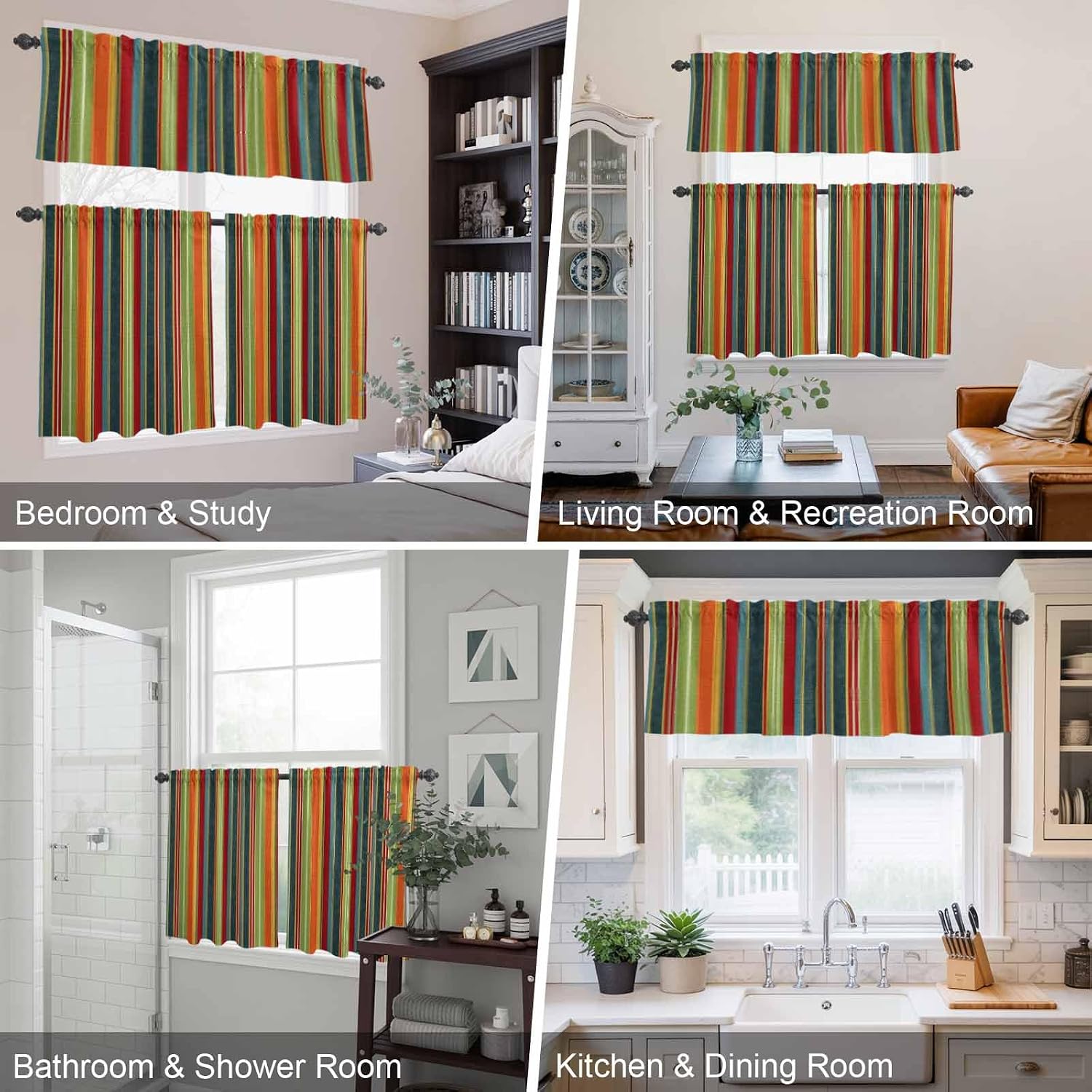 3 Piece Set Kitchen Tier and Valance Curtains Vintage Colorful Striped Rod Pocket Curtain Valances Abstract Blue Green Stripe Light Filtering Window Treatment for Living Room Decor image 5