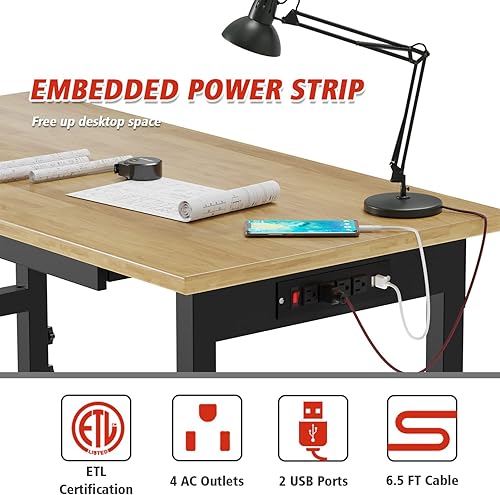 Miniatura 2 de Banco de trabajo ajustable de 48 pulgadas, estación de trabajo resistente con parte superior de madera de goma, capacidad de carga de 2000 libras,